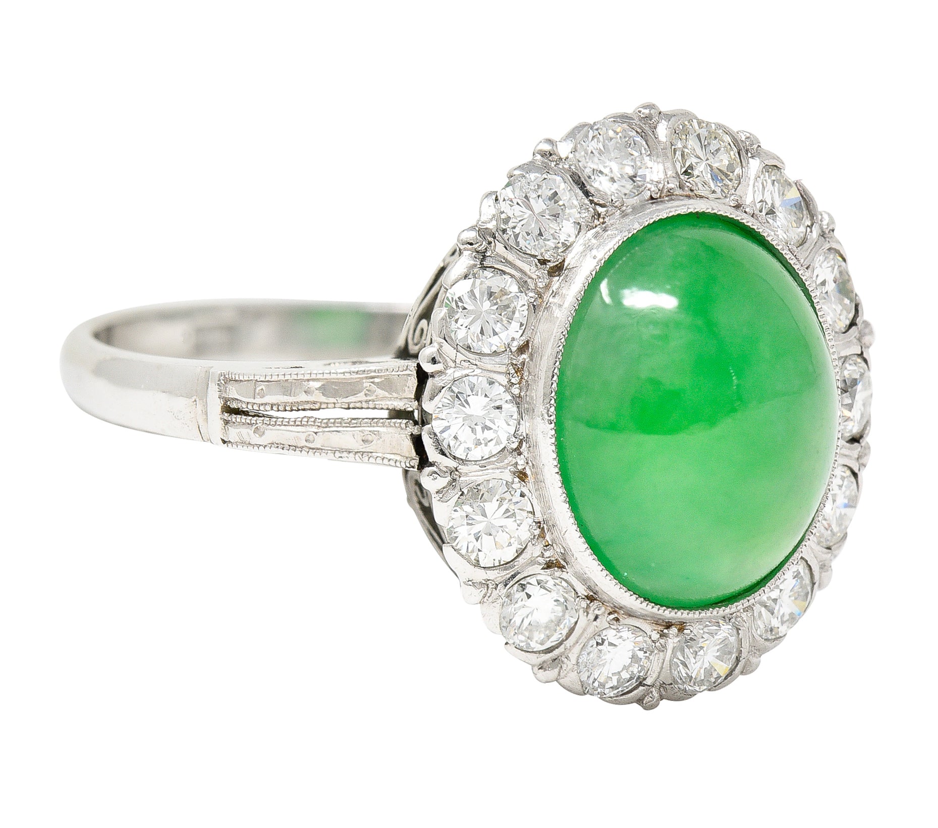 Art Deco Diamond Natural Jade Cabochon Platinum Scrolling Vintage Halo Ring GIA Wilson's Estate Jewelry