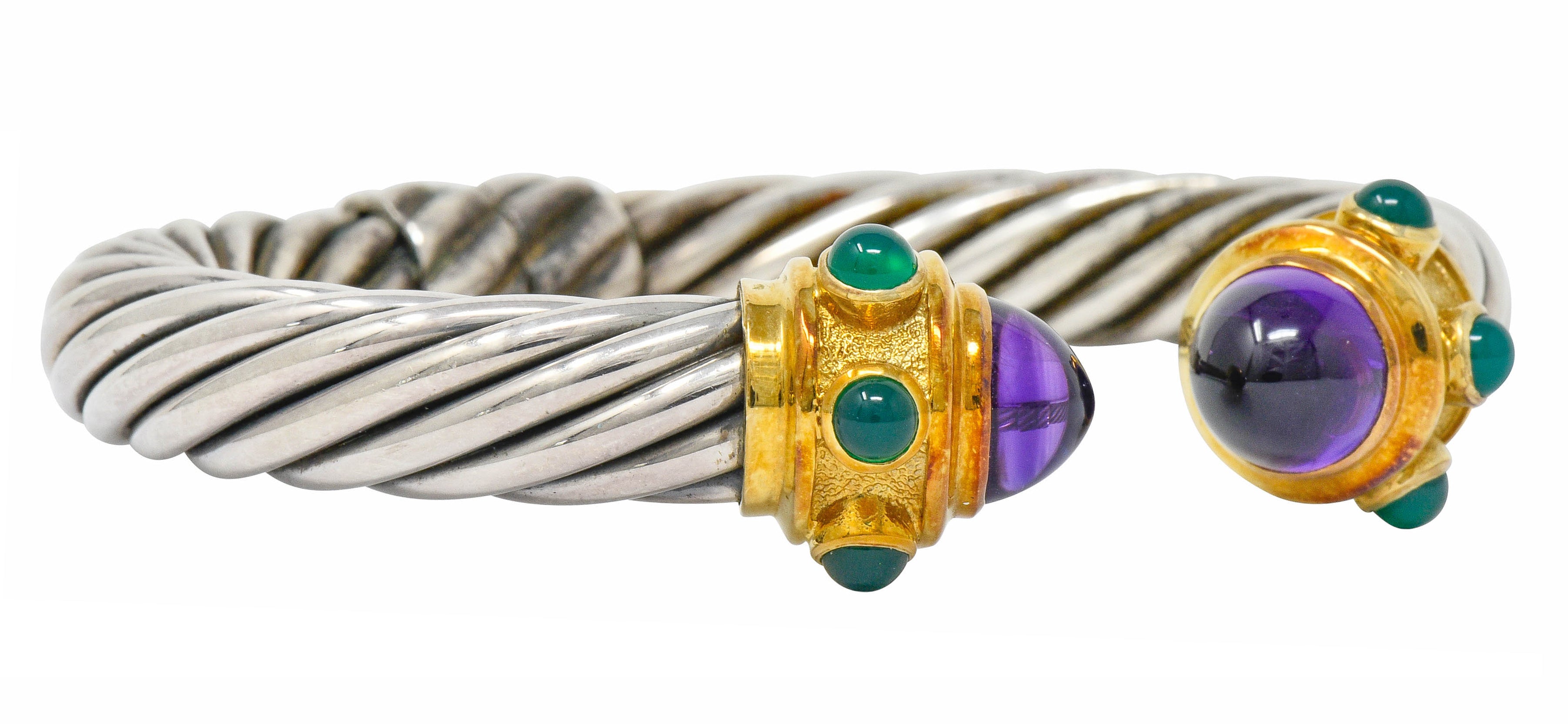 David Yurman Amethyst Chrysoprase Sterling Silver 14 Karat Gold Renaissance Cuff Bracelet - Wilson's Estate Jewelry