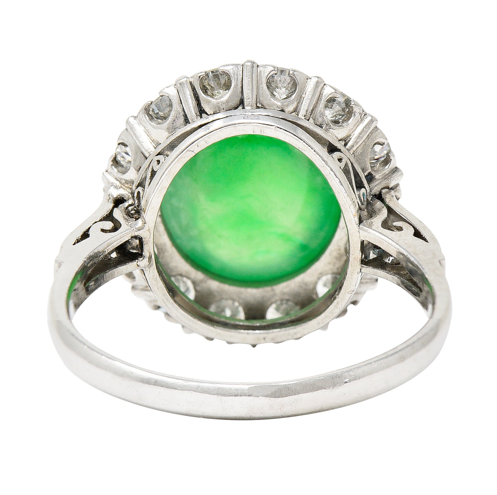 Art Deco Diamond Natural Jade Cabochon Platinum Scrolling Vintage Halo Ring GIA Wilson's Estate Jewelry