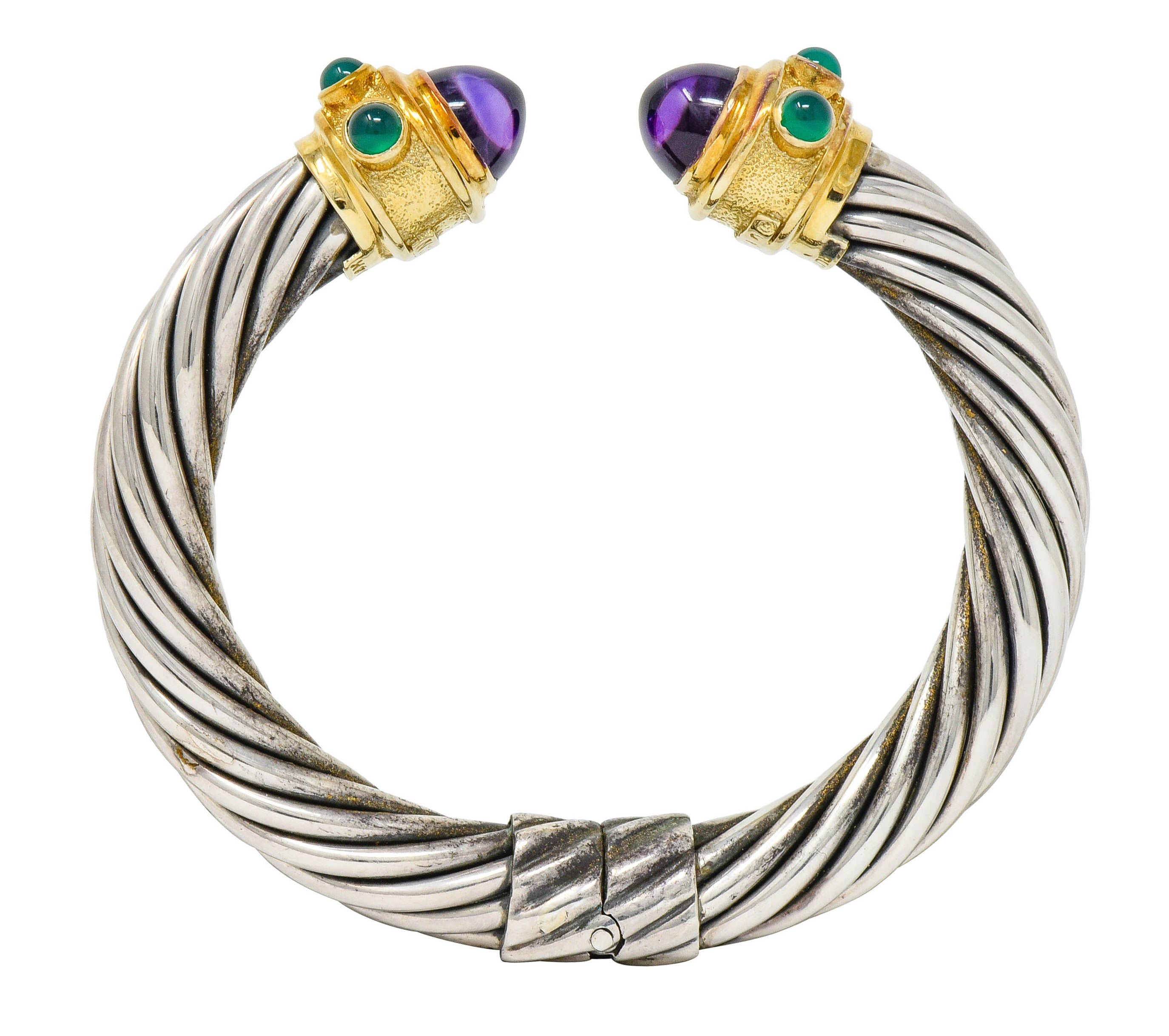 David Yurman Amethyst Chrysoprase Sterling Silver 14 Karat Gold Renaissance Cuff Bracelet - Wilson's Estate Jewelry