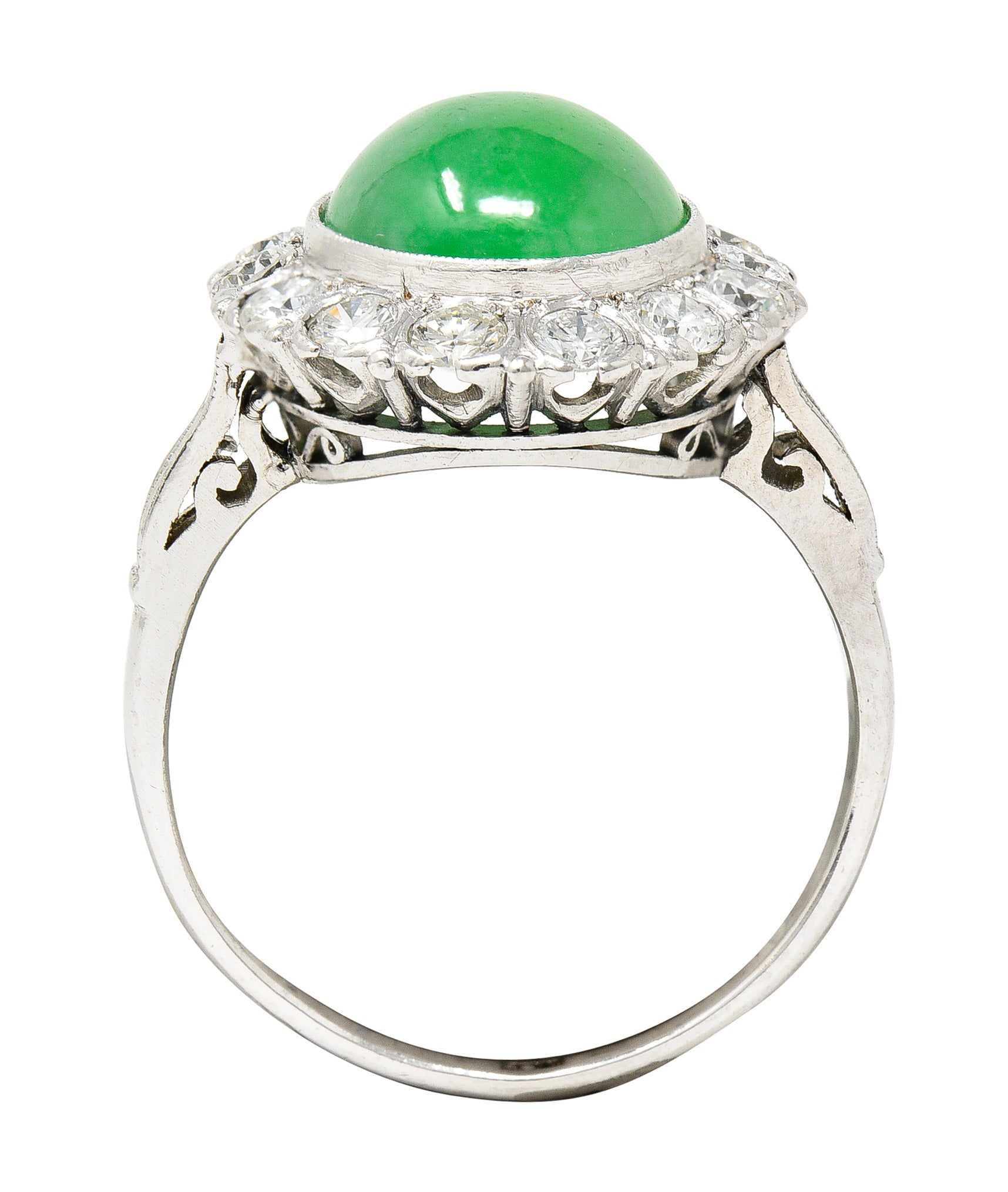 Art Deco Diamond Natural Jade Cabochon Platinum Scrolling Vintage Halo Ring GIA Wilson's Estate Jewelry