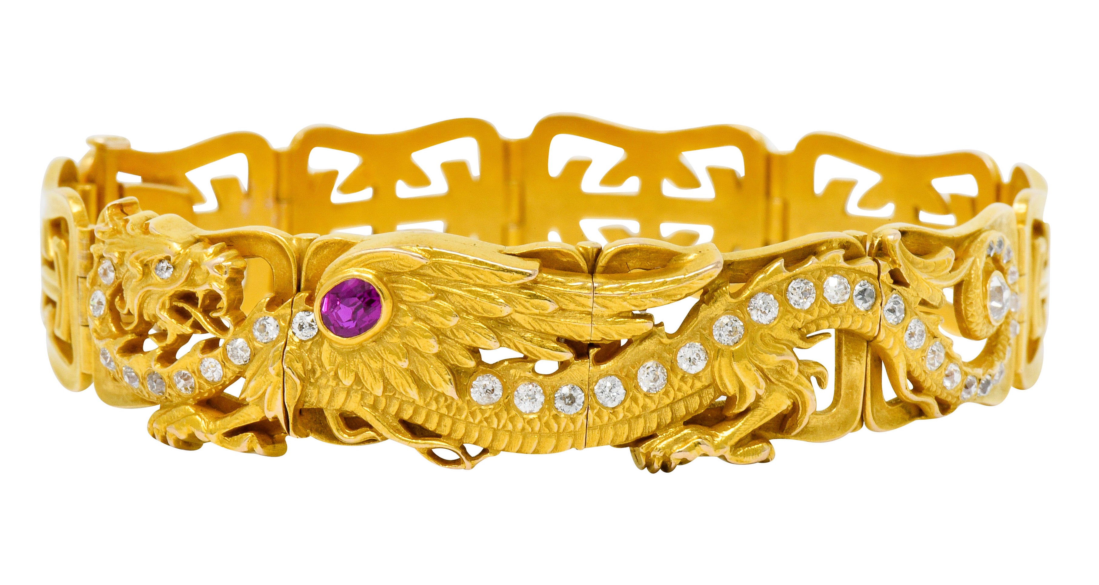 Riker Brothers. Art Nouveau Ruby Diamond 14 Karat Gold Serpent Dragon Bracelet - Wilson's Estate Jewelry