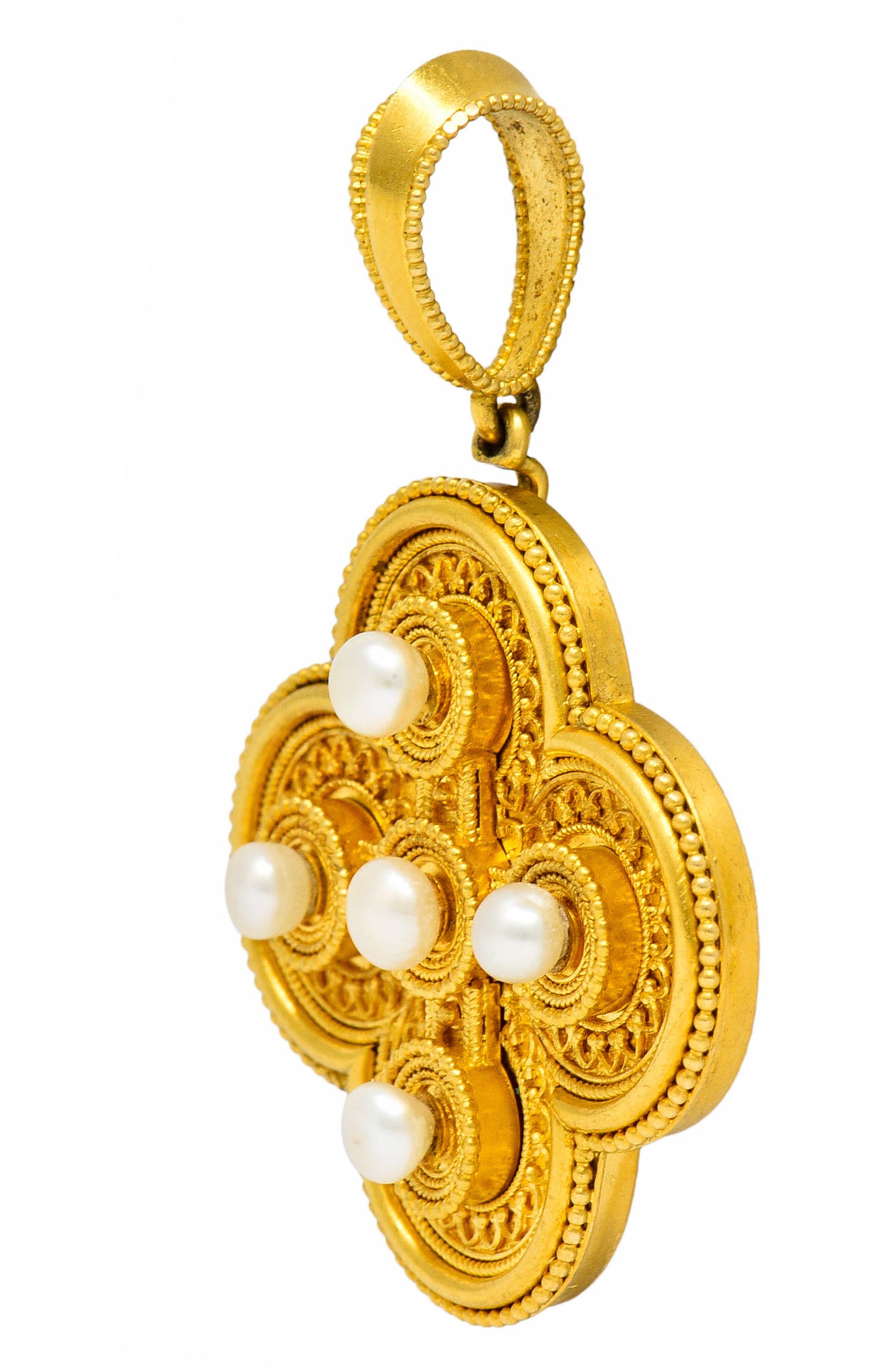 Ernesto Pierret Etruscan Revival Natural Pearl 18 Karat Gold Quatrefoil PendantNecklace - Wilson's Estate Jewelry