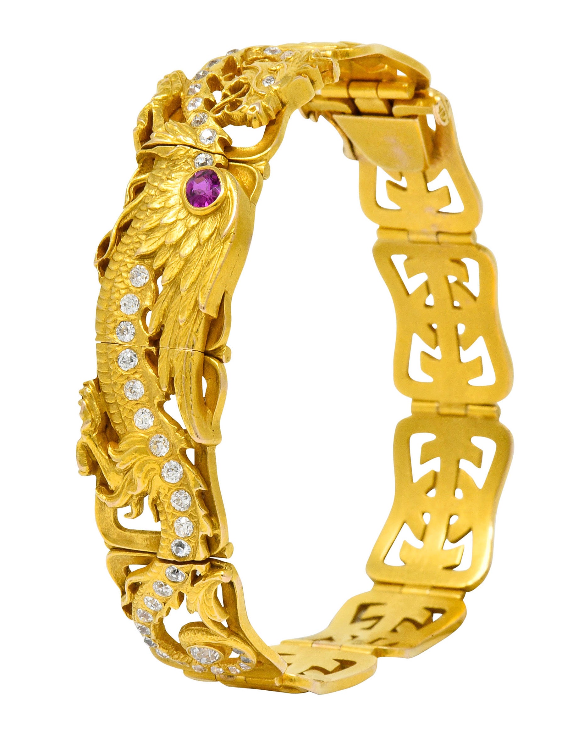 Riker Brothers. Art Nouveau Ruby Diamond 14 Karat Gold Serpent Dragon Bracelet - Wilson's Estate Jewelry