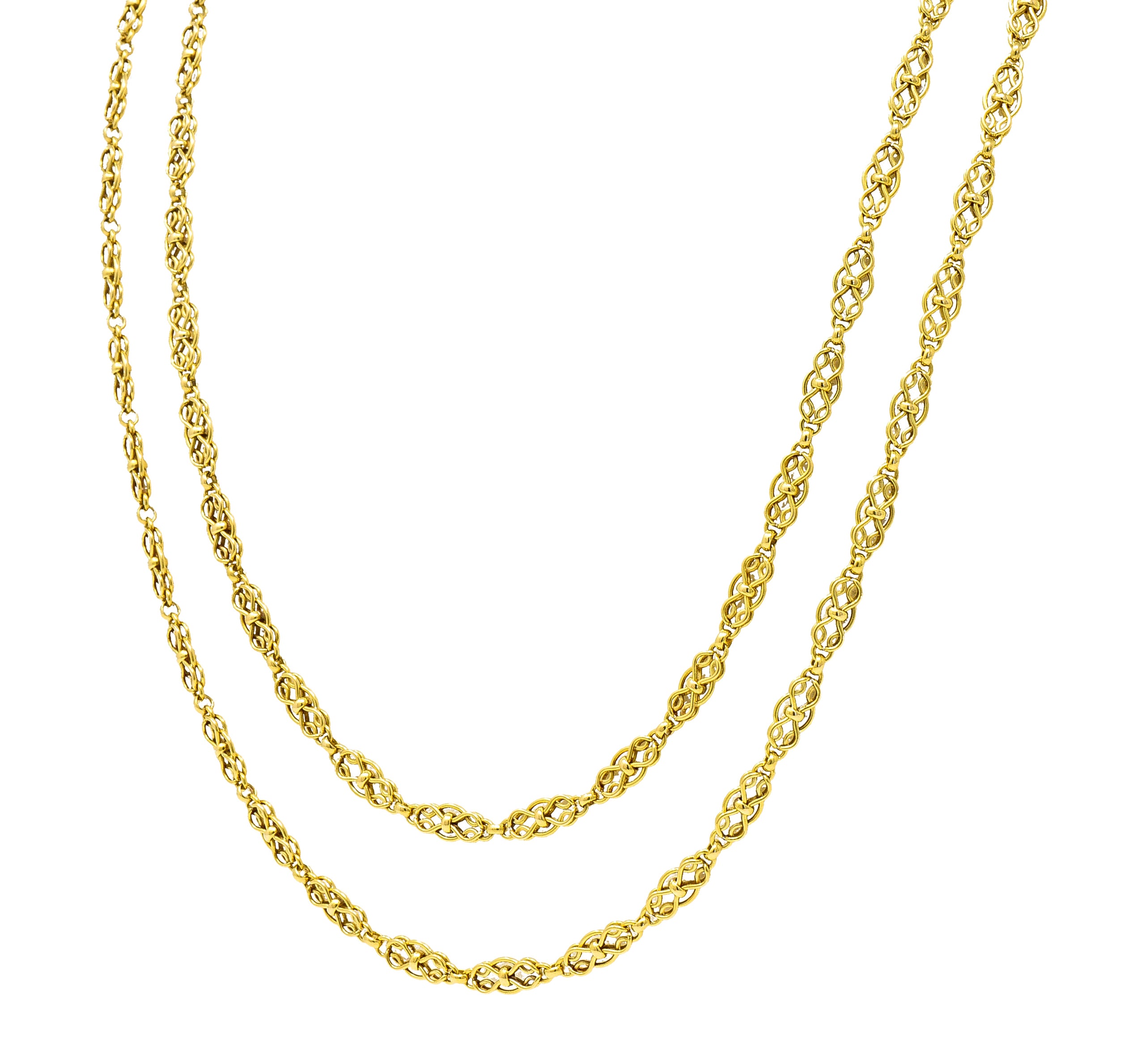 French Victorian 18 Karat Yellow Gold Infinity Knot Long Chain Antique Necklace Wilson's Estate Jewelry