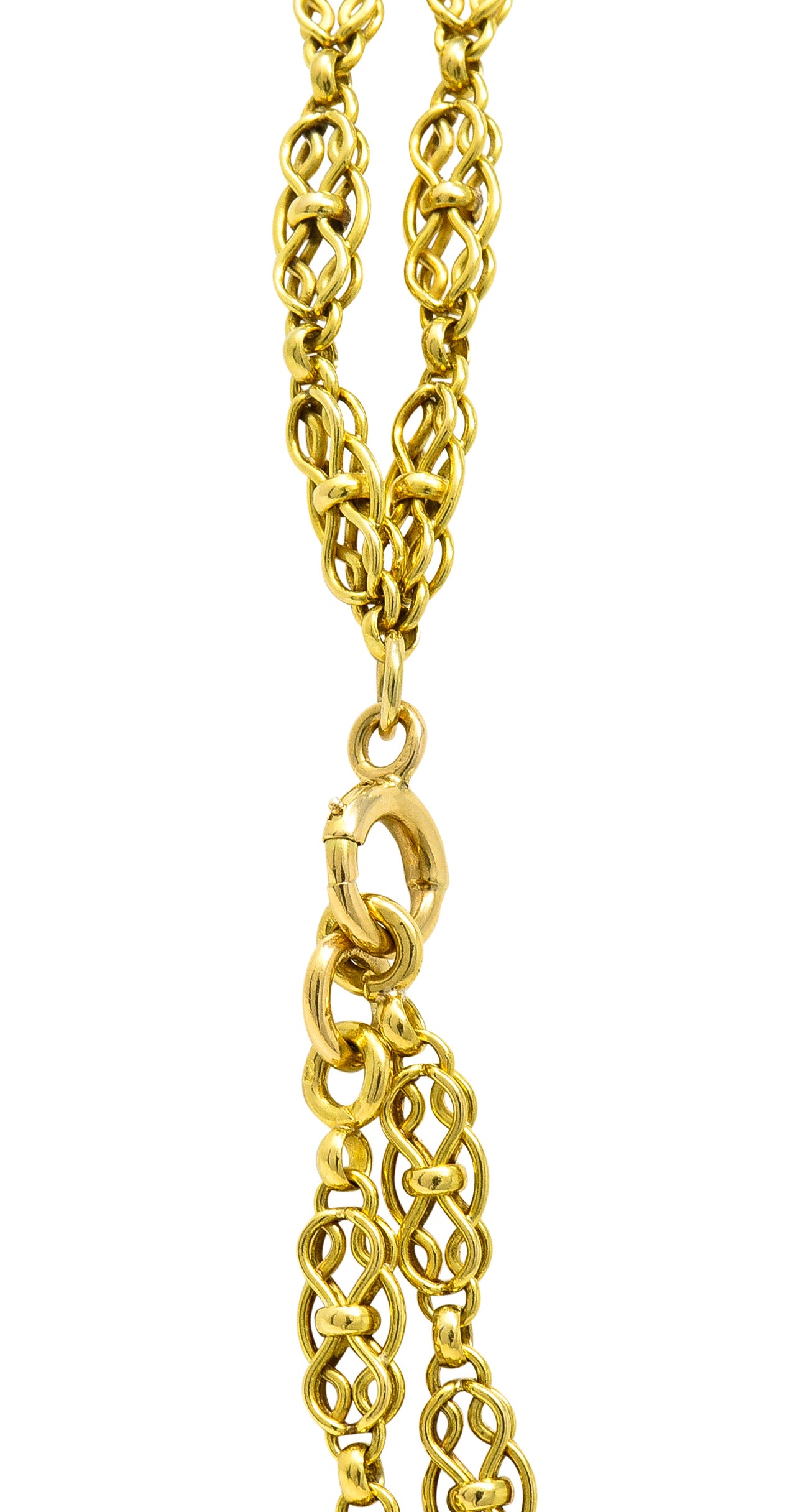 French Victorian 18 Karat Yellow Gold Infinity Knot Long Chain Antique Necklace Wilson's Estate Jewelry