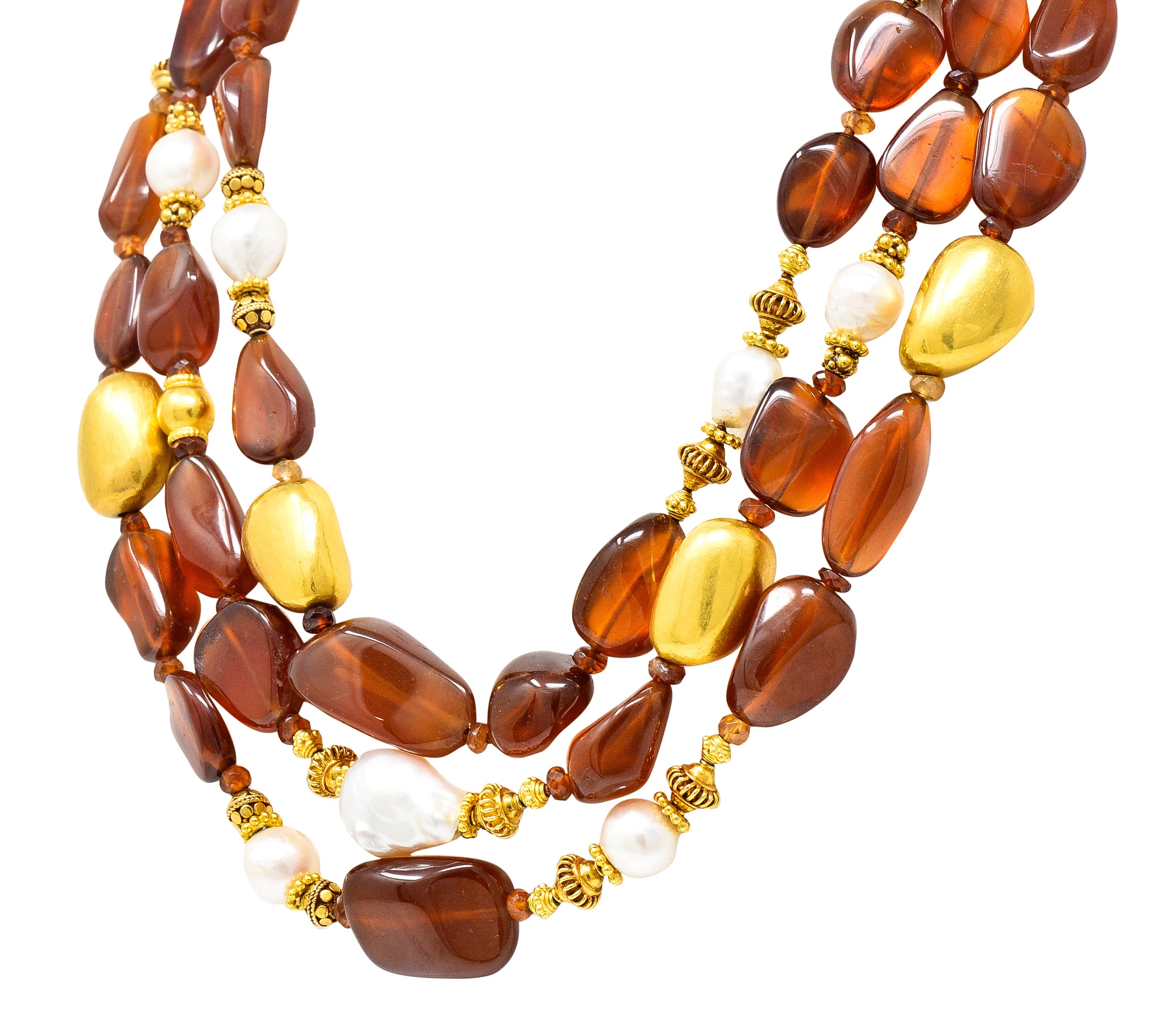 Verdura Hessonite Garnet Baroque Pearl 18 Karat Yellow Gold Vintage Byzantine Bead Necklace Wilson's Estate Jewelry