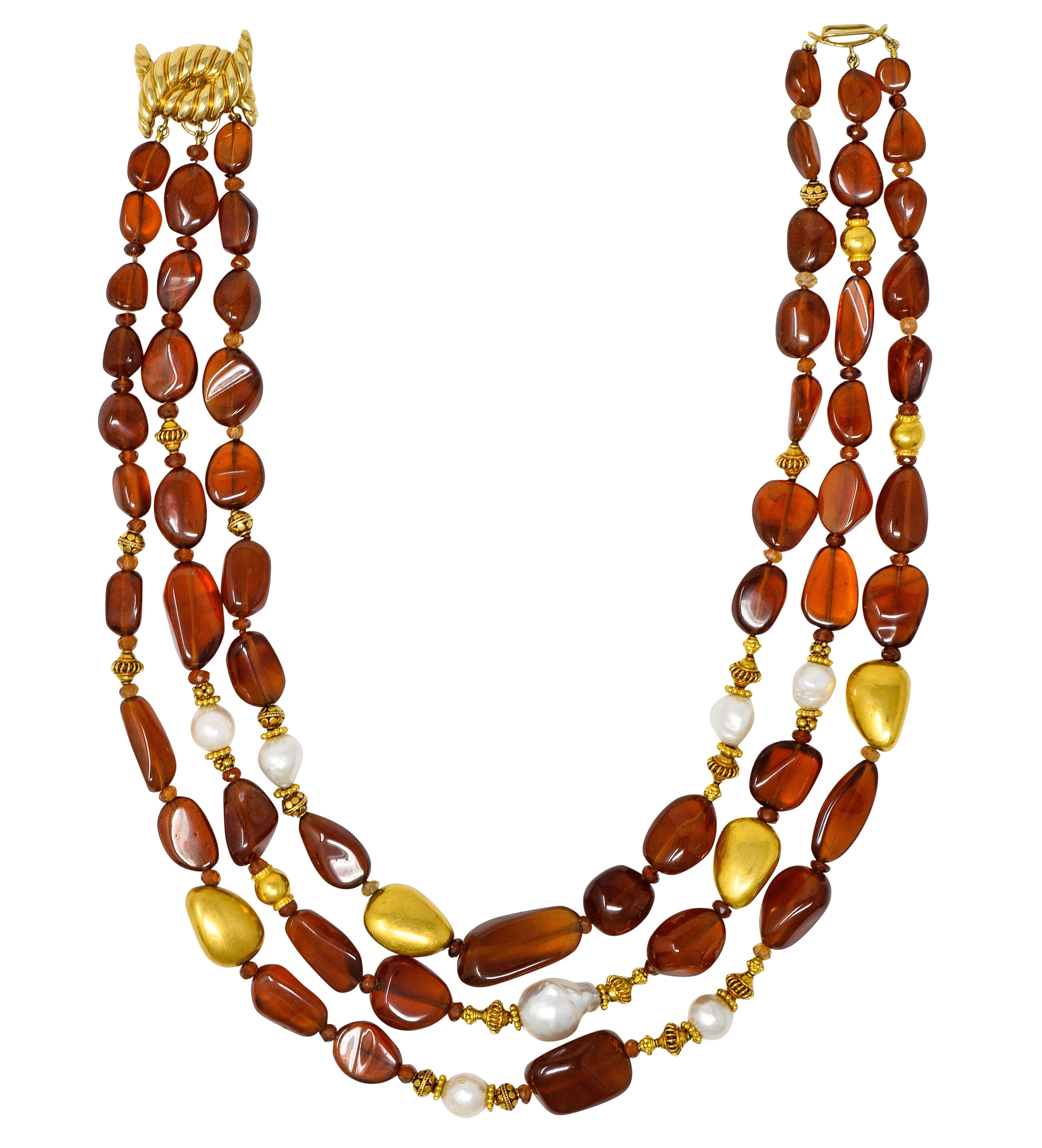 Verdura Hessonite Garnet Baroque Pearl 18 Karat Yellow Gold Vintage Byzantine Bead Necklace Wilson's Estate Jewelry