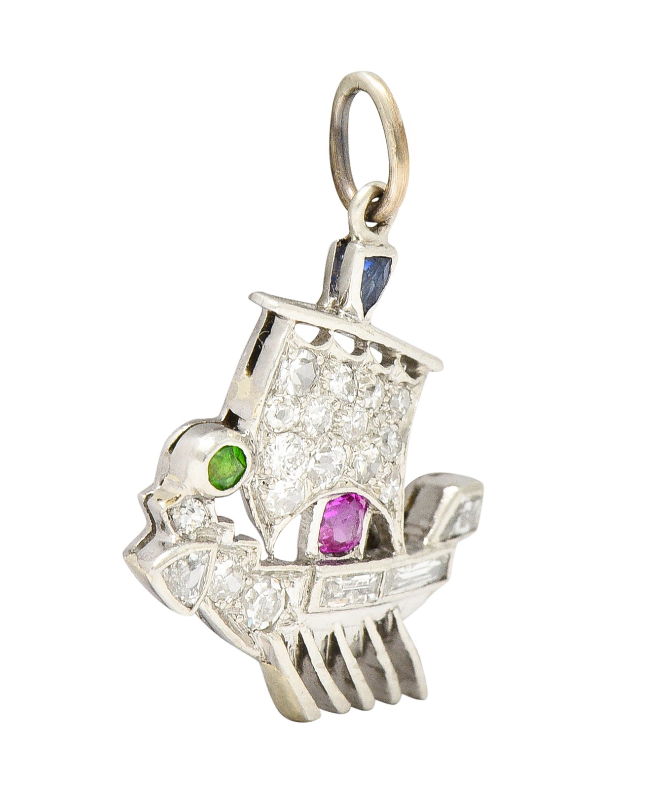 Art Deco Sapphire Ruby Demantoid Garnet Diamond Platinum Viking Ship Charm Wilson's Estate Jewelry