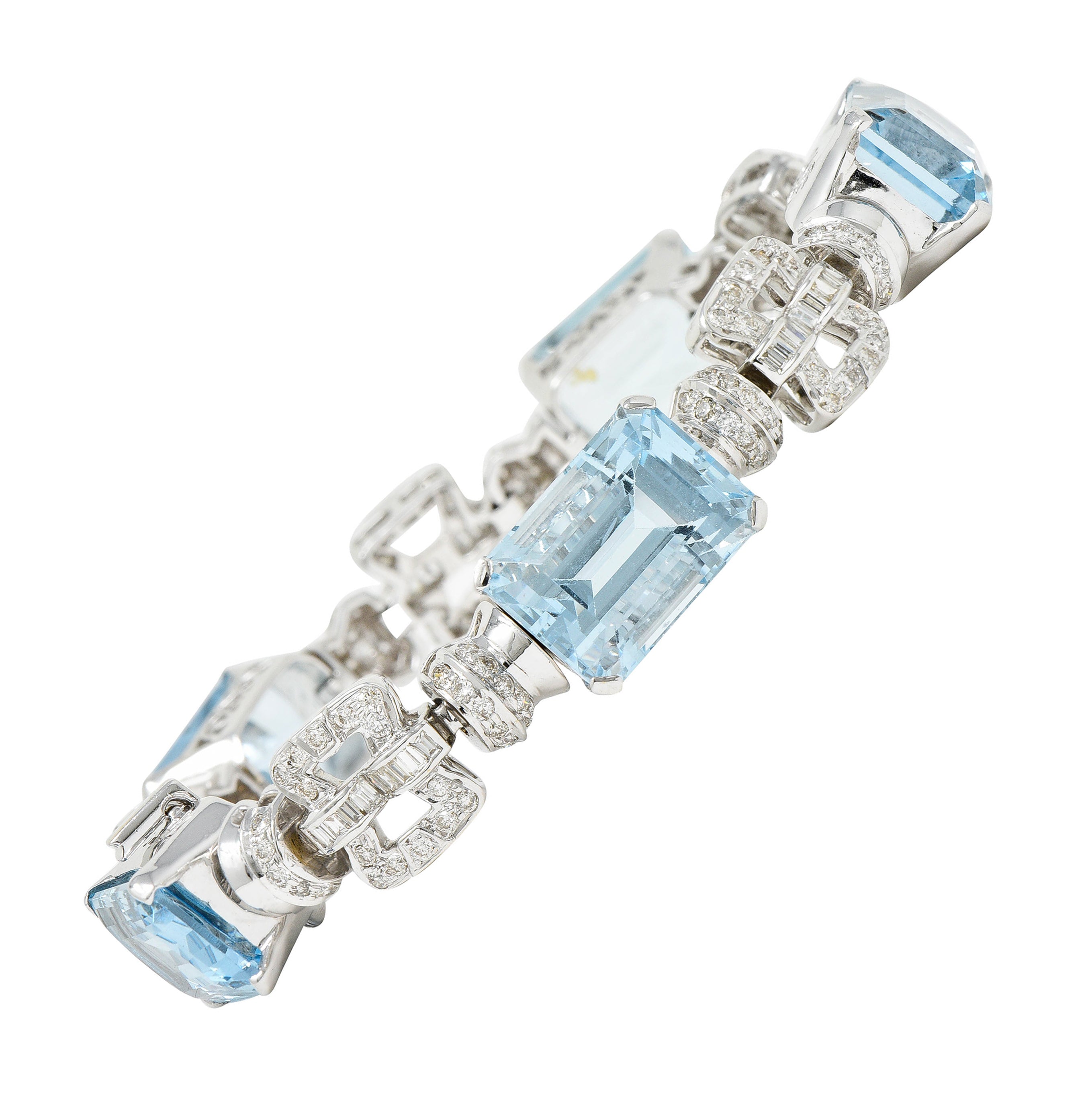 Vintage 47.50 CTW Aquamarine Diamond 18 Karat White Gold Buckle Link Braceletbracelet - Wilson's Estate Jewelry