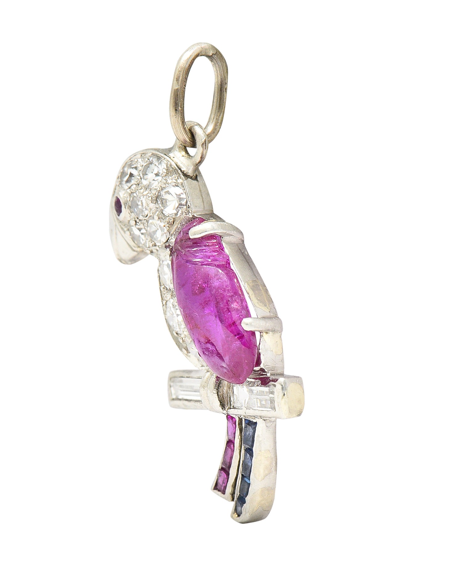 Art Deco Sapphire Ruby Diamond Platinum Parrot Bird Charm Wilson's Estate Jewelry