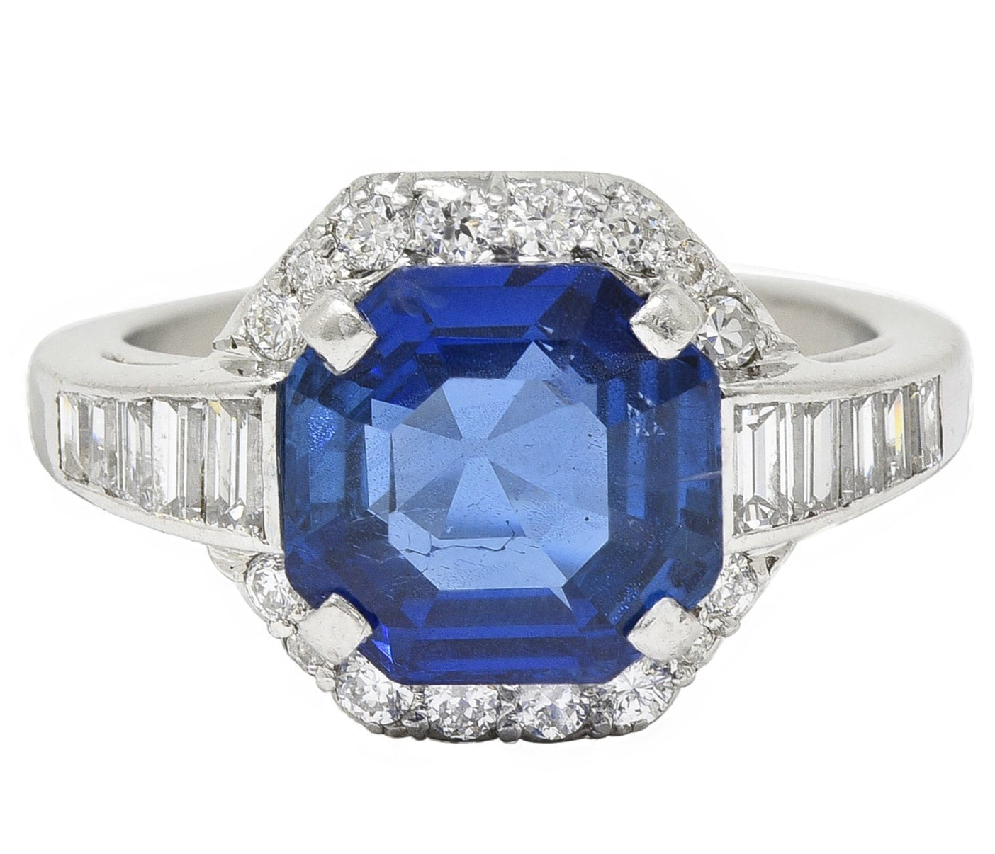 Mid-Century 3.97 CTW No Heat Burma Sapphire Diamond Platinum Cluster Ring AGL