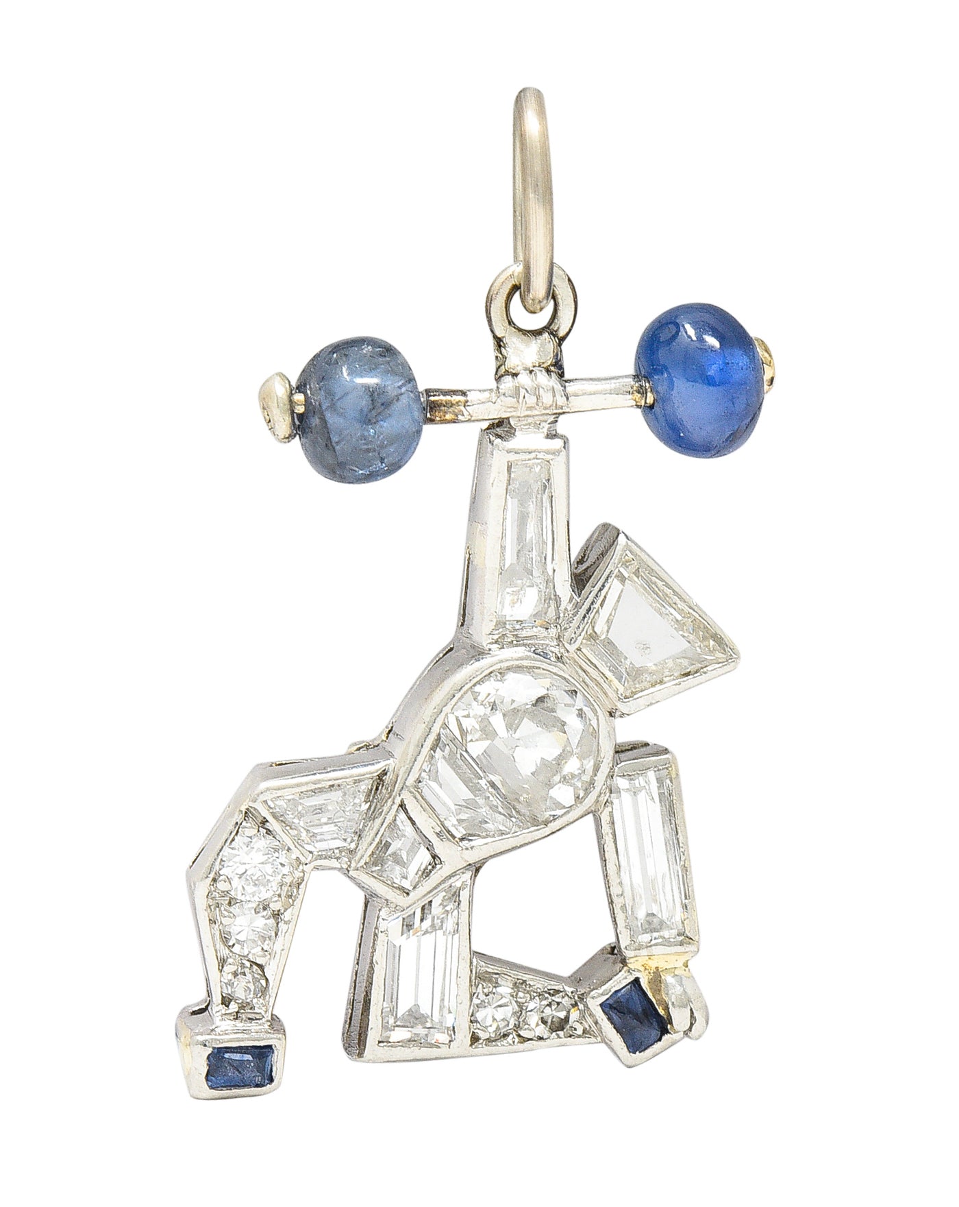 Art Deco 2.00 CTW Sapphire Diamond Platinum Strongman Weightlifter Charm Wilson's Estate Jewelry