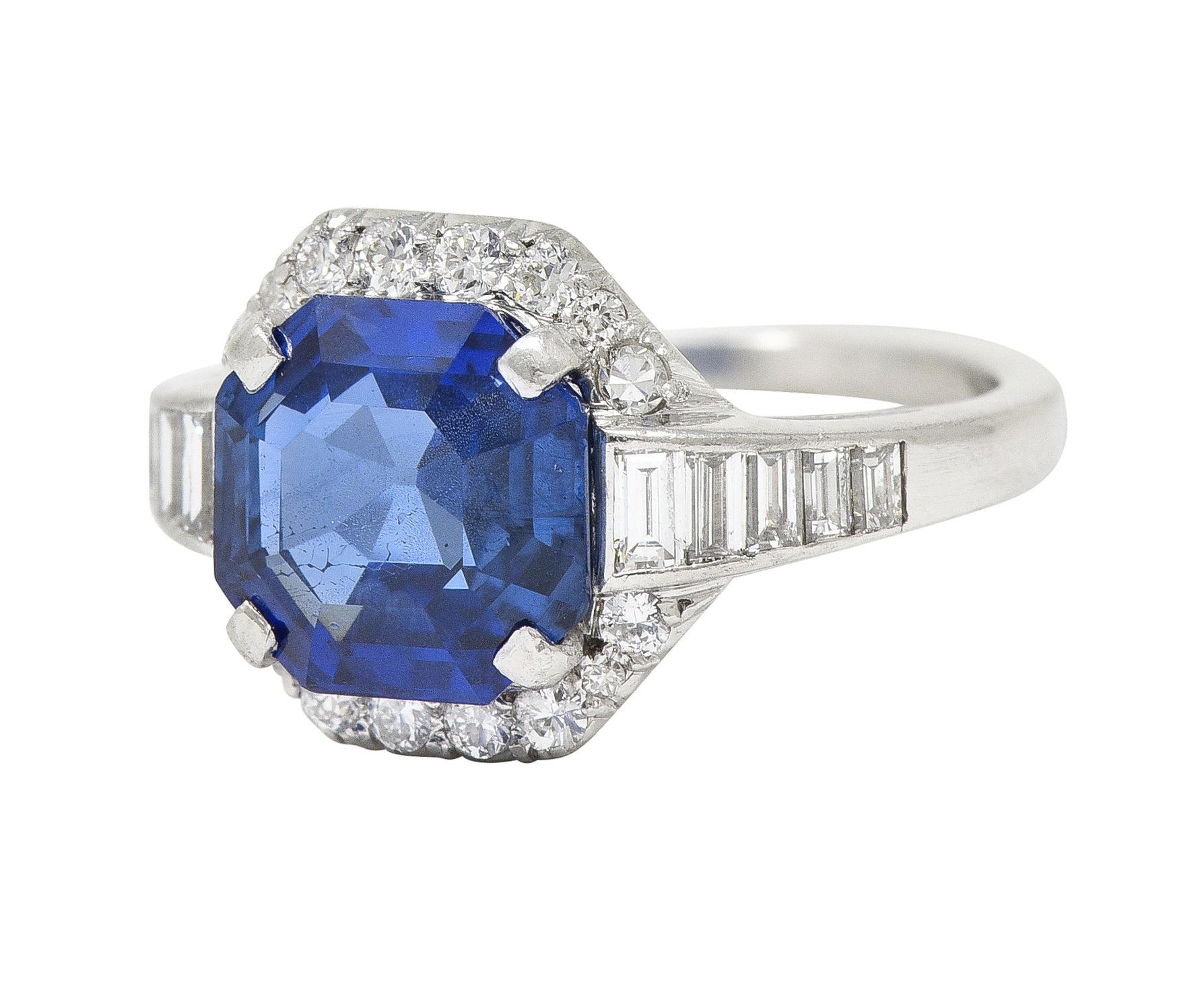 Mid-Century 3.97 CTW No Heat Burma Sapphire Diamond Platinum Cluster Ring AGL