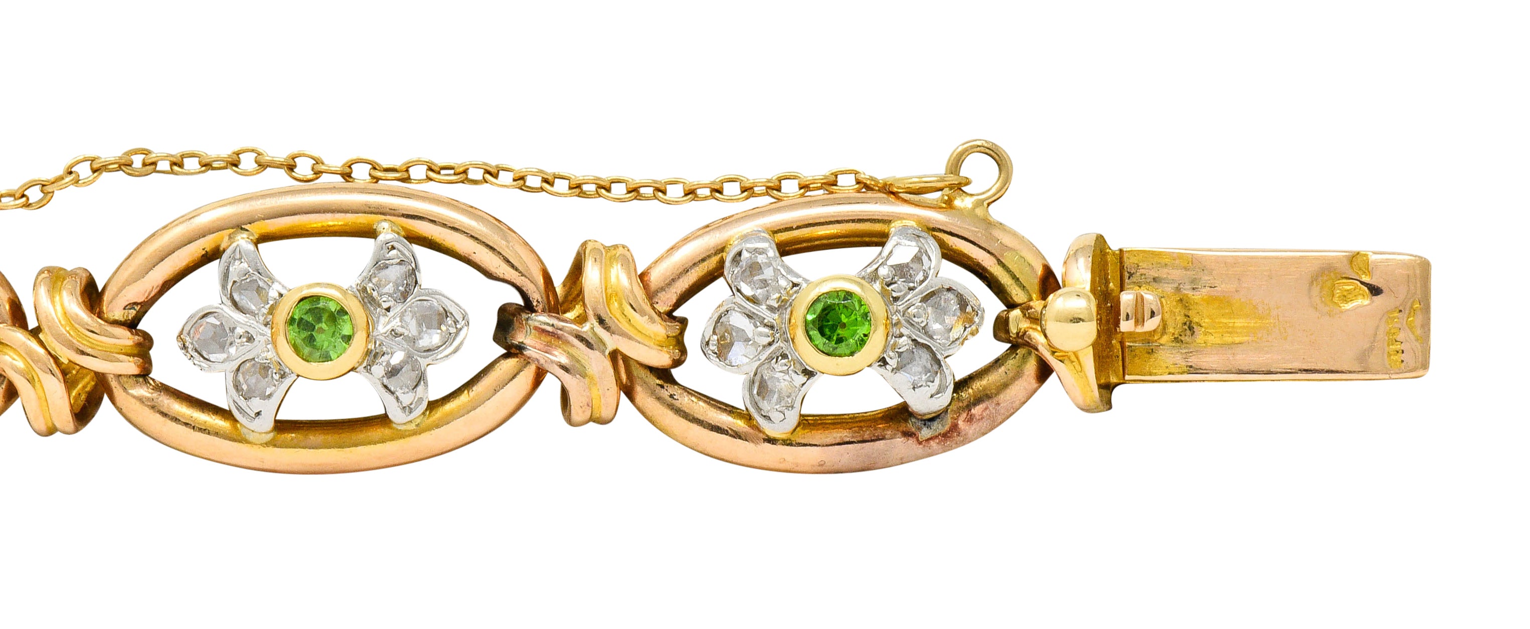 French Edwardian Demantoid Garnet Diamond Platinum-Topped 18 Karat Gold Link Braceletbracelet - Wilson's Estate Jewelry