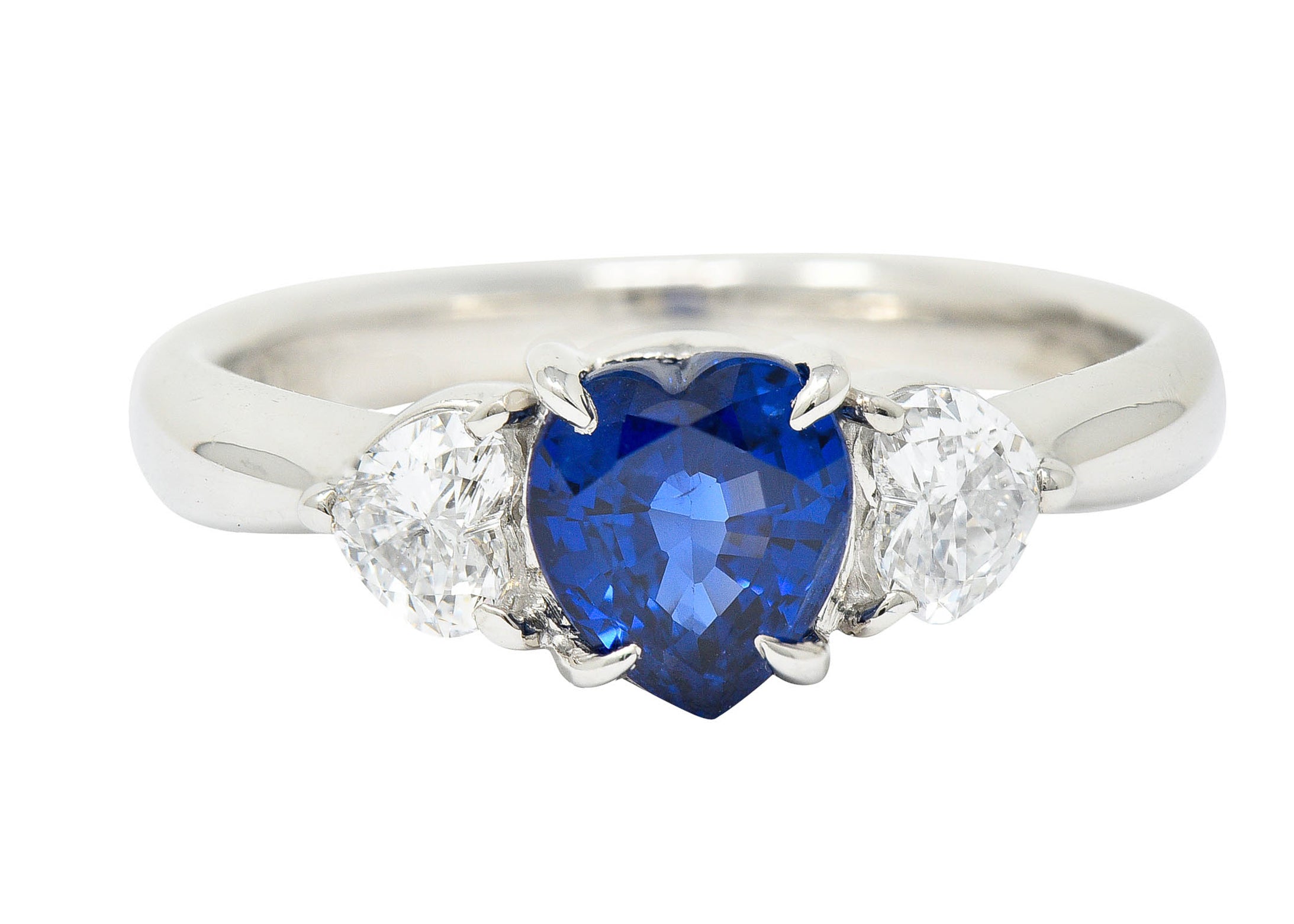 Contemporary 1.48 CTW Heart Sapphire Diamond Platinum Three Stone RingRing - Wilson's Estate Jewelry