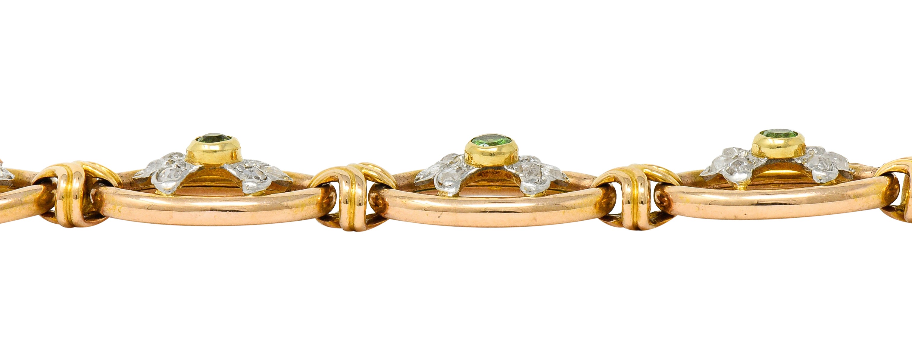 French Edwardian Demantoid Garnet Diamond Platinum-Topped 18 Karat Gold Link Braceletbracelet - Wilson's Estate Jewelry