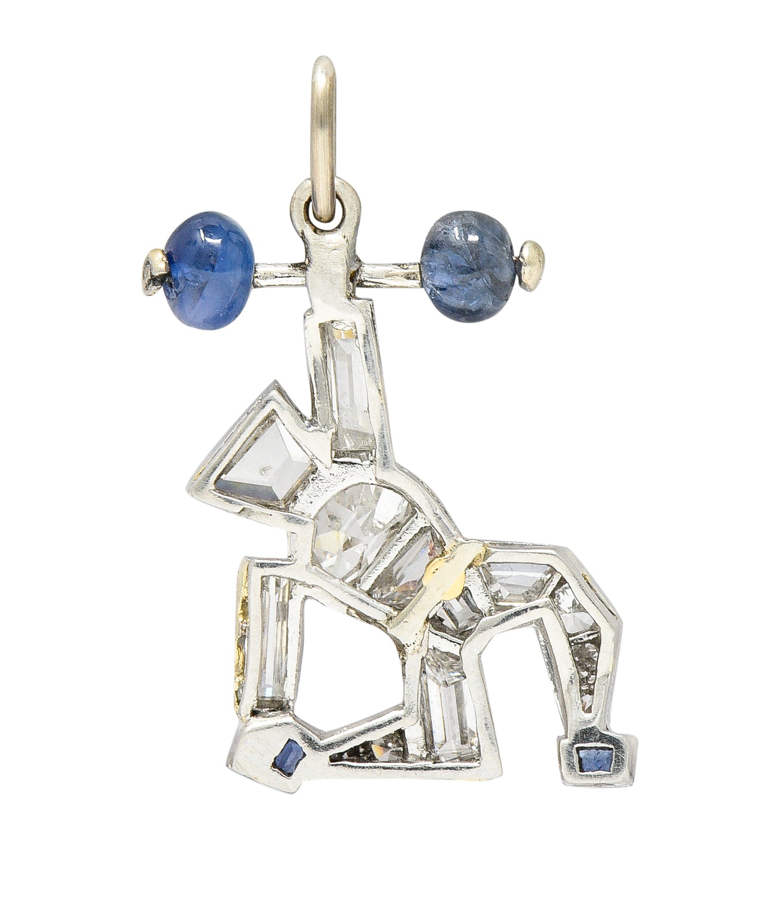 Art Deco 2.00 CTW Sapphire Diamond Platinum Strongman Weightlifter Charm Wilson's Estate Jewelry