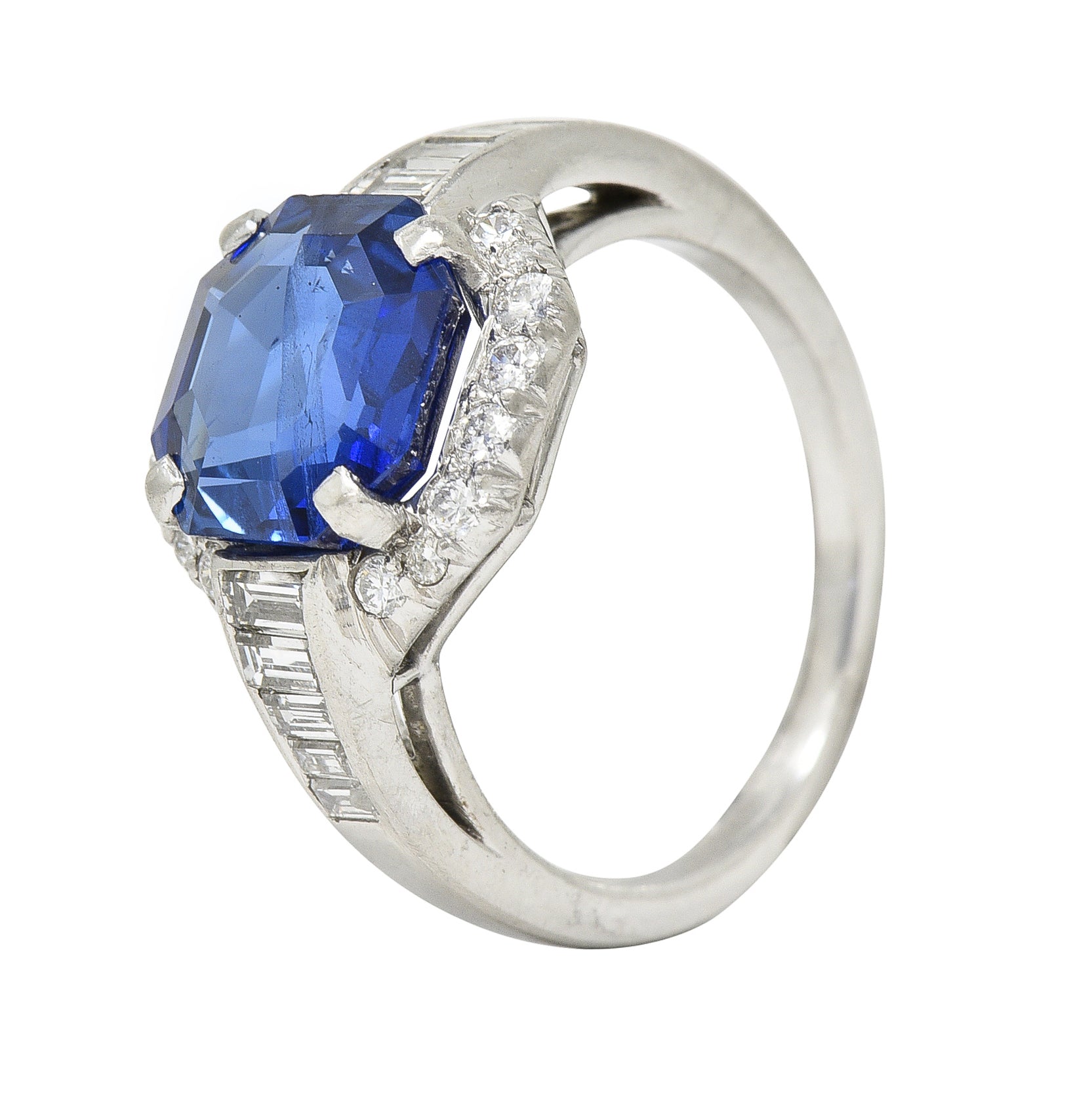 Mid-Century 3.97 CTW No Heat Burma Sapphire Diamond Platinum Cluster Ring AGL