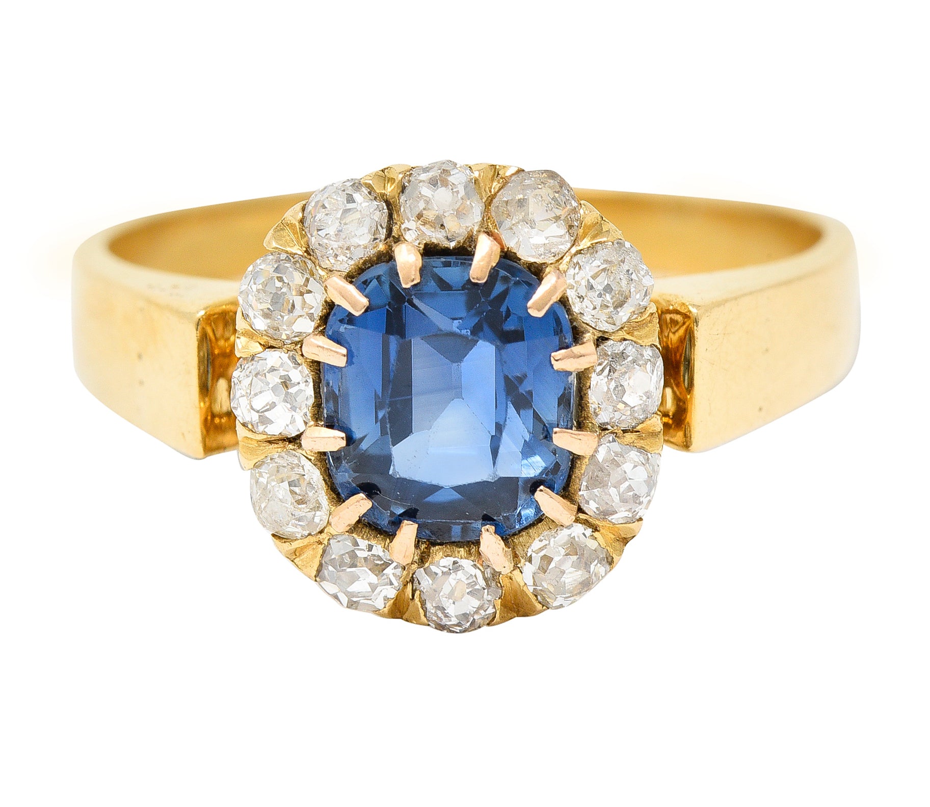 Victorian 1.80 CTW Cushion Cut No Heat Cambodian Sapphire Old Mine Cut Diamond 14 Karat Yellow Gold Antique Halo Ring GIA Wilson's Estate Jewelry