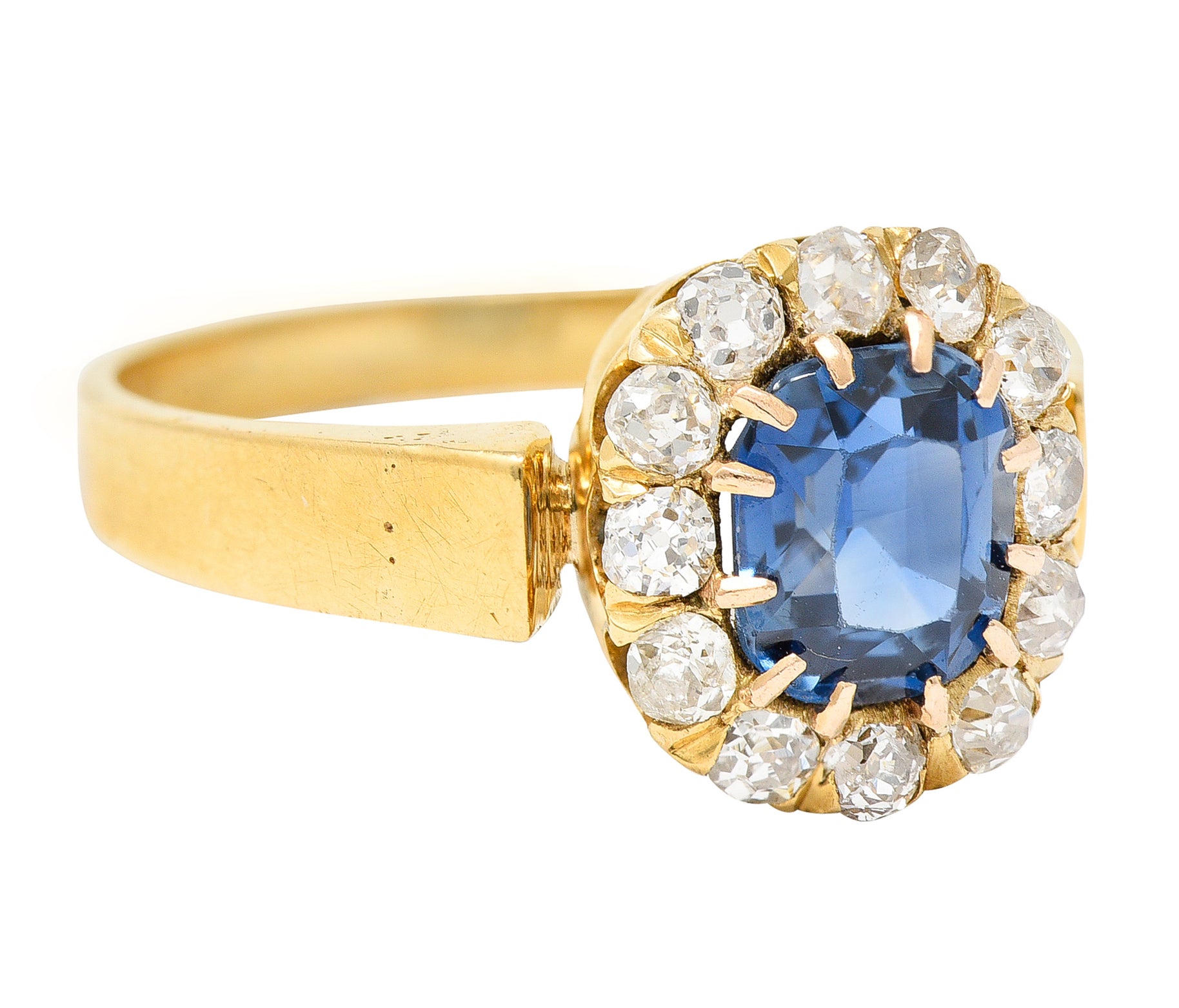 Victorian 1.80 CTW Cushion Cut No Heat Cambodian Sapphire Old Mine Cut Diamond 14 Karat Yellow Gold Antique Halo Ring GIA Wilson's Estate Jewelry