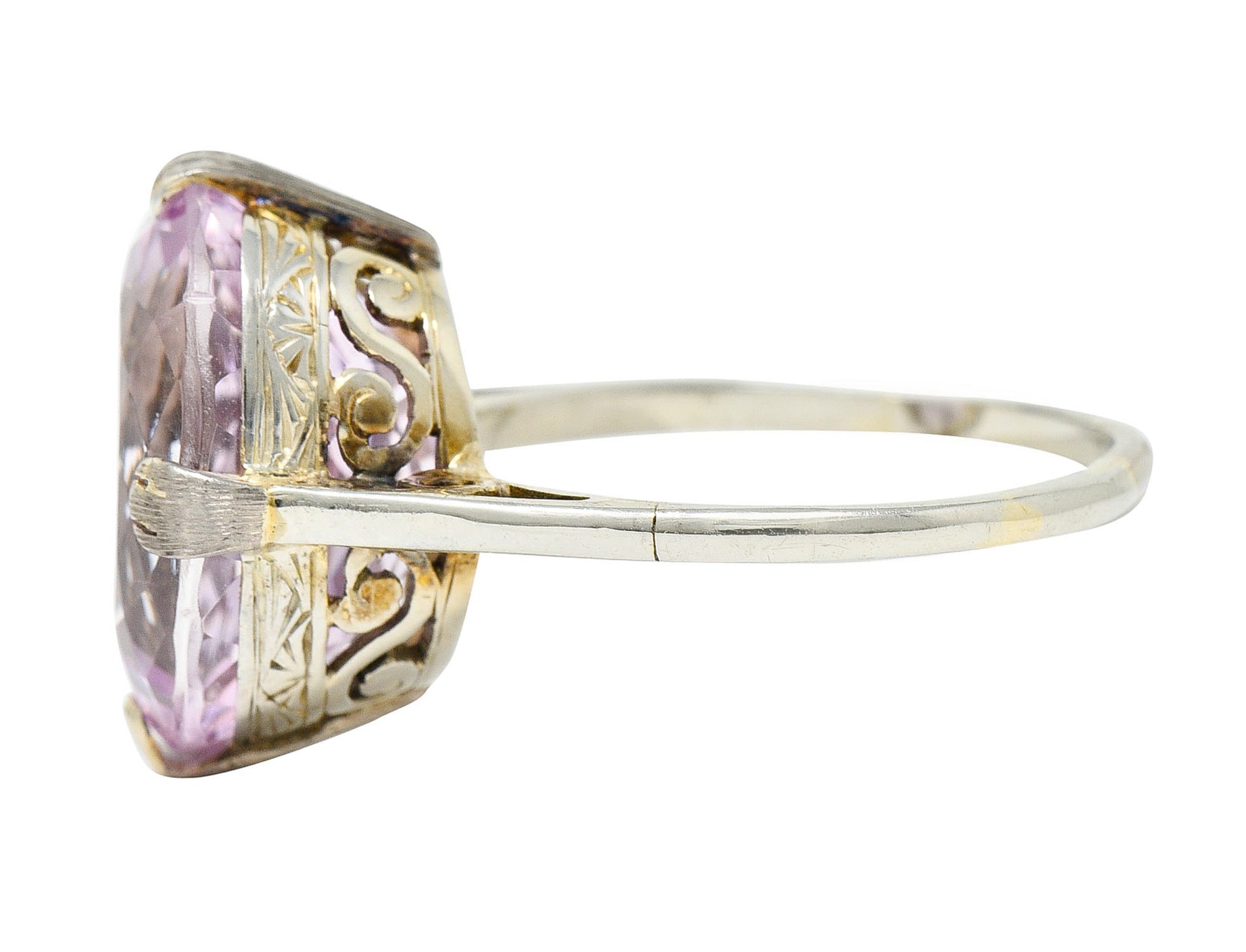 Art Deco Kunzite 18 Karat White Gold Scrolled Gemstone RingRing - Wilson's Estate Jewelry