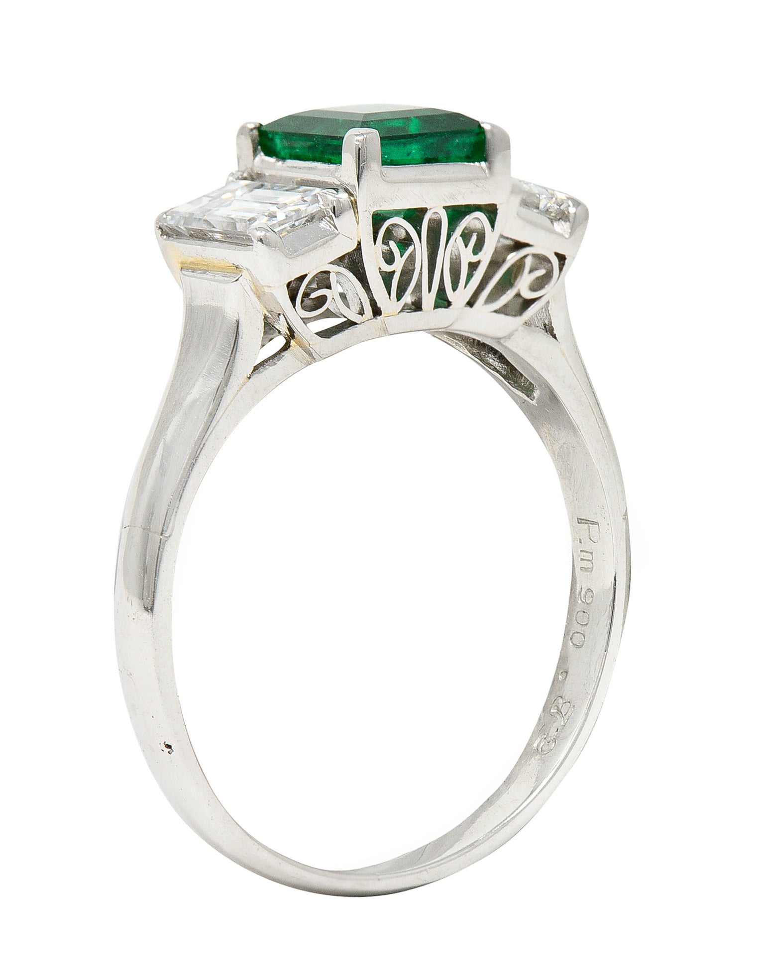 Contemporary 1.44 CTW Emerald Diamond Platinum Three Stone RingRing - Wilson's Estate Jewelry