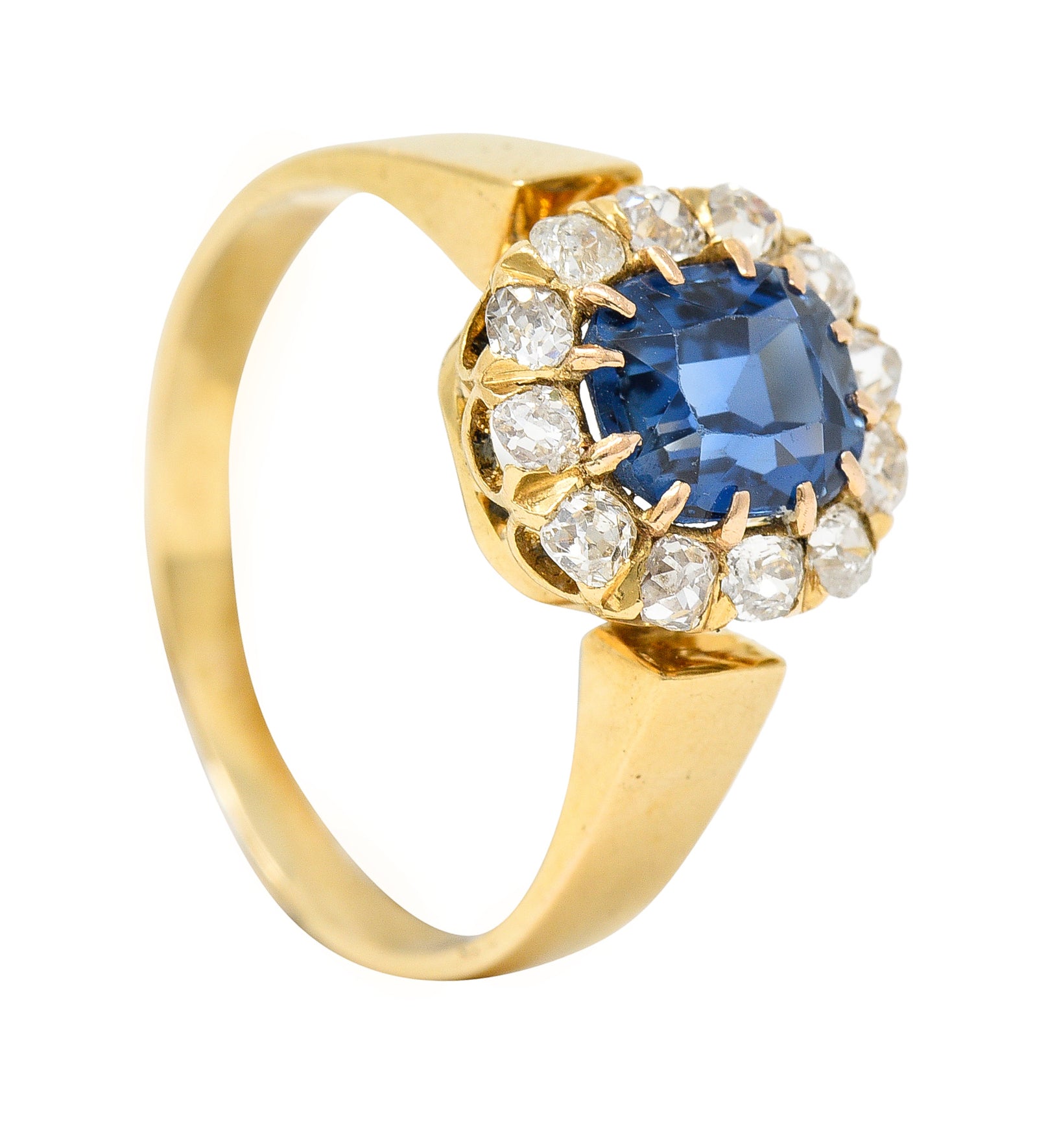 Victorian 1.80 CTW Cushion Cut No Heat Cambodian Sapphire Old Mine Cut Diamond 14 Karat Yellow Gold Antique Halo Ring GIA Wilson's Estate Jewelry