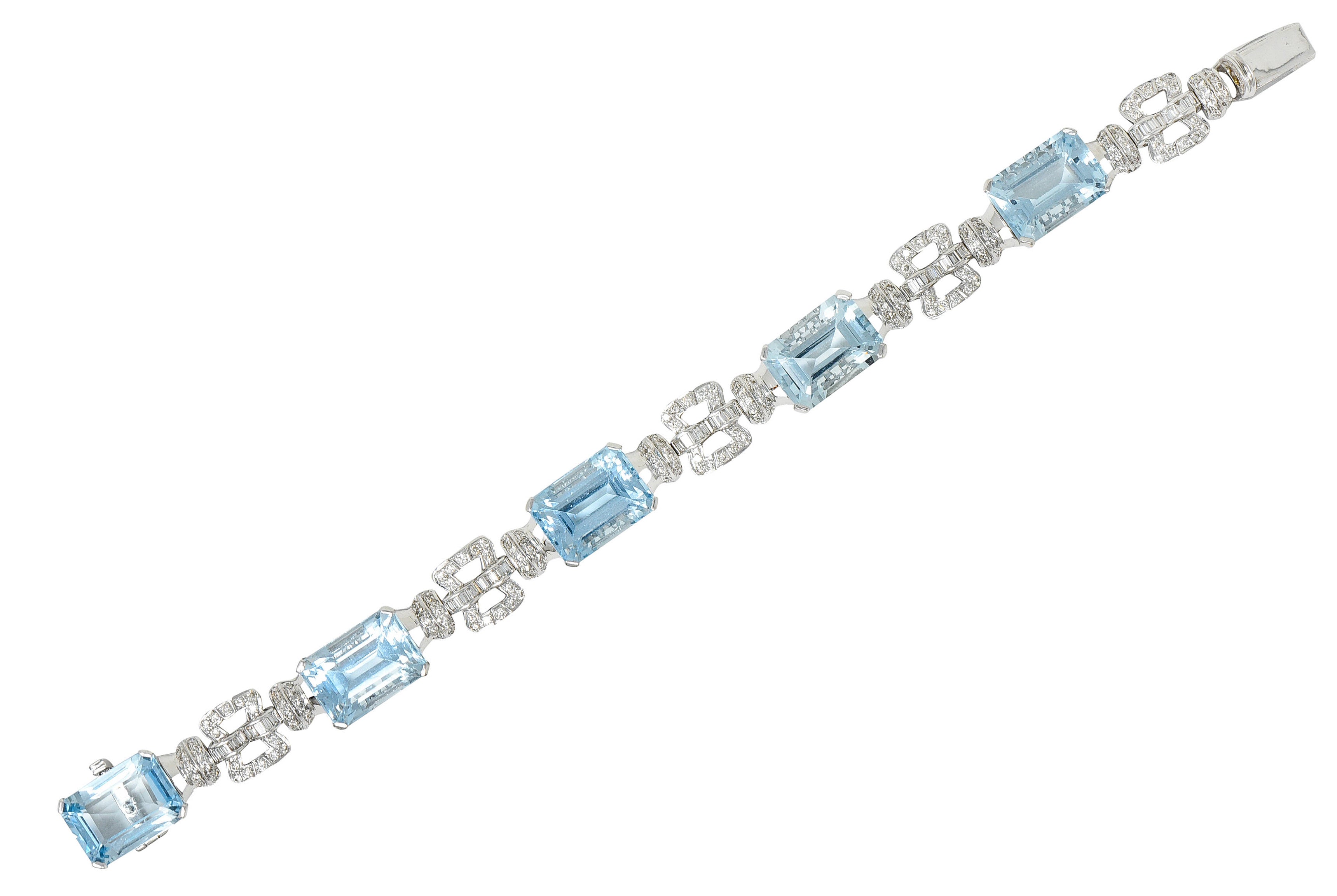 Vintage 47.50 CTW Aquamarine Diamond 18 Karat White Gold Buckle Link Braceletbracelet - Wilson's Estate Jewelry