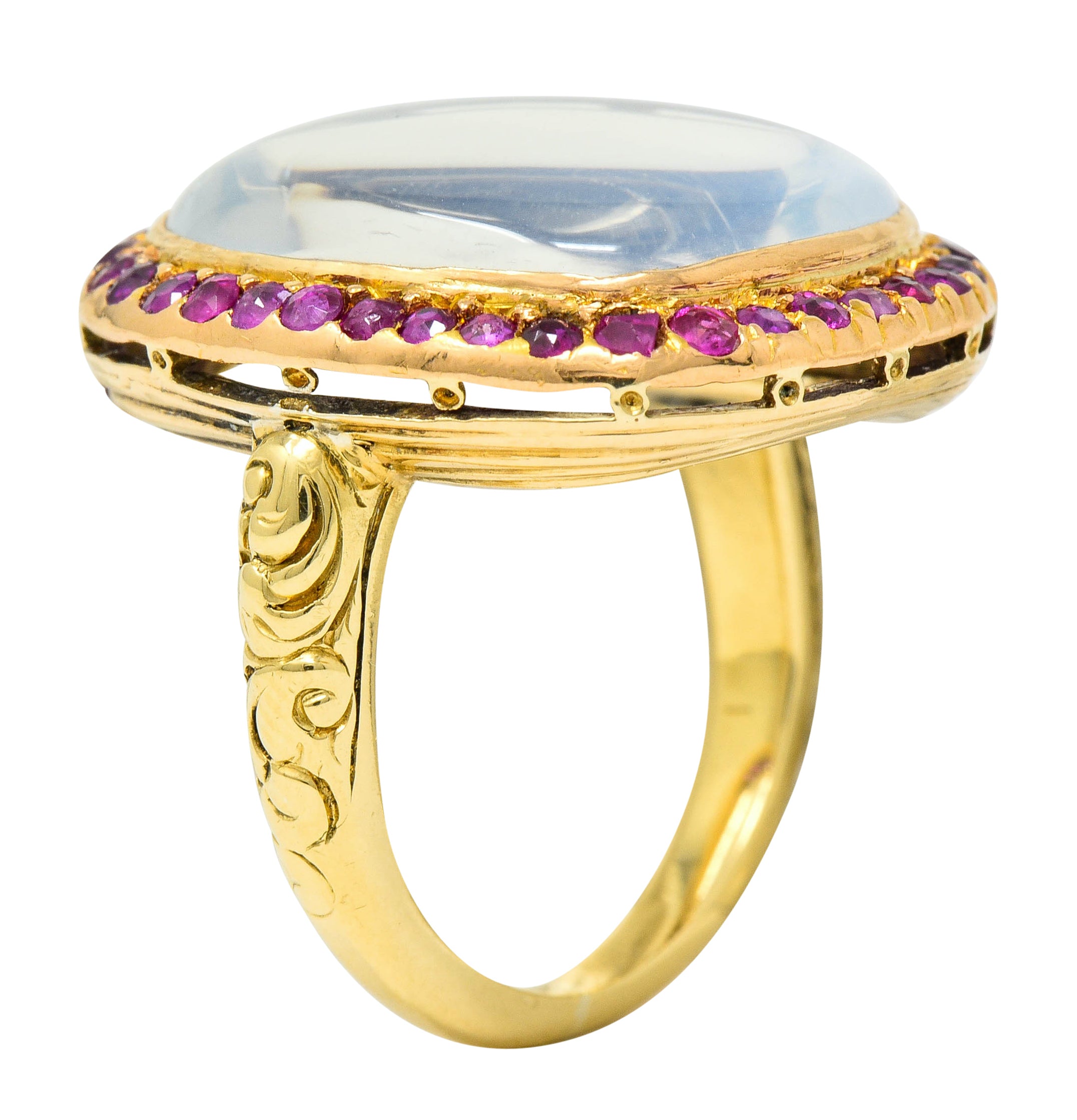 Victorian Moonstone Ruby 18 Karat Gold Cushion Cabochon Ring - Wilson's Estate Jewelry