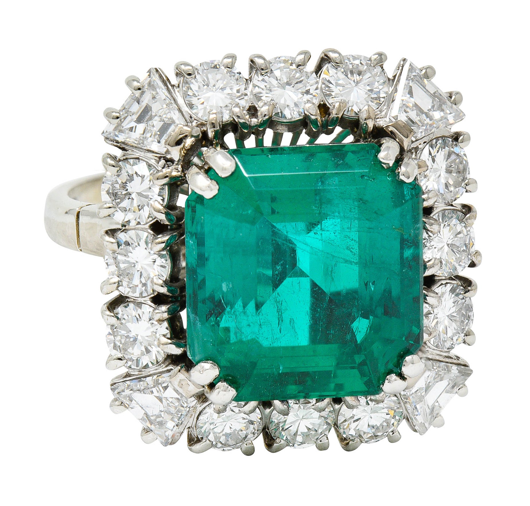 Outstanding 1950's Mid-Century Colombian Emerald Diamond 18 Karat White Cluster Ring AGLRing - Wilson's Estate Jewelry