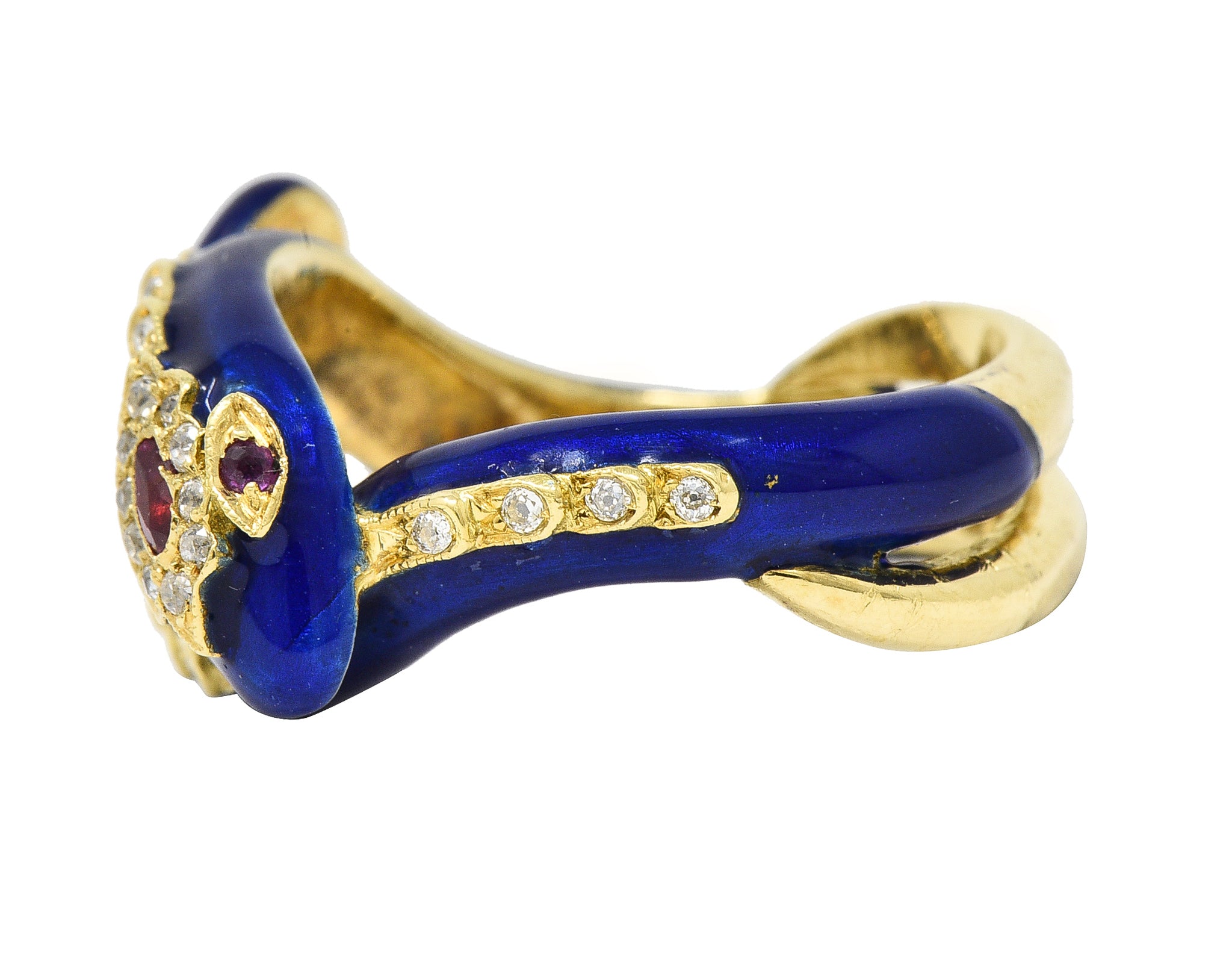 Victorian Ruby Diamond Blue Enamel 18 Karat Gold Antique Snake Antique Ring