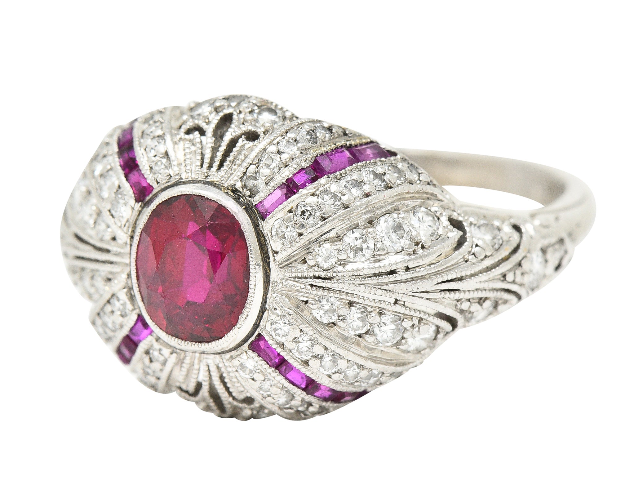 Tiffany & Co. Art Deco 2.15 CTW No Heat Ruby Diamond Platinum Bombé Ring GIA Wilson's Estate Jewelry