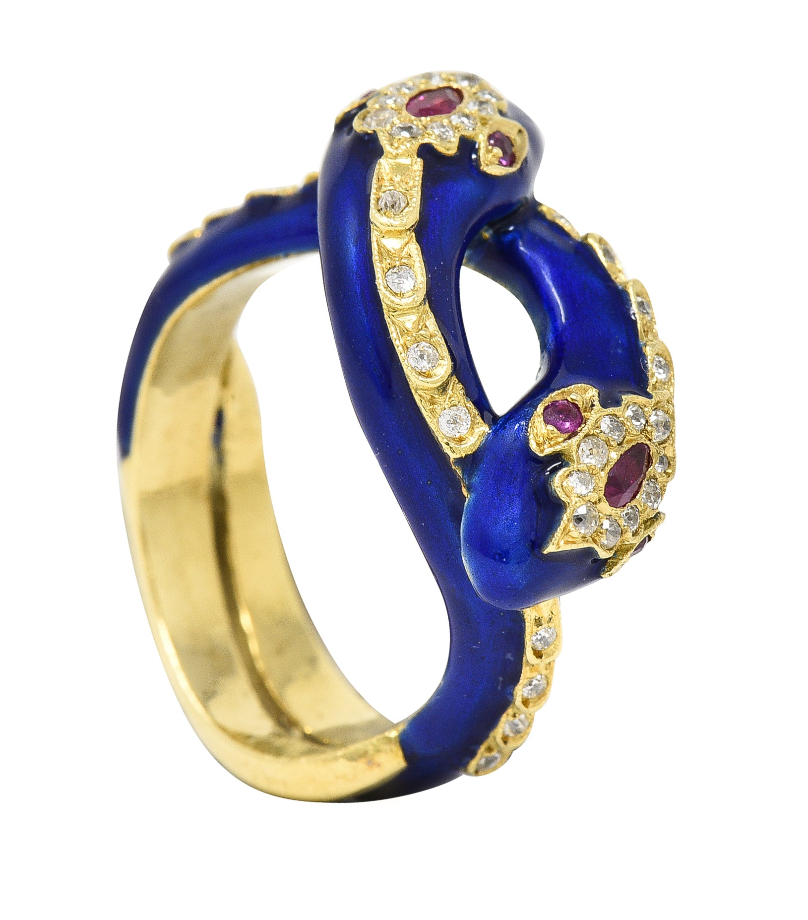 Victorian Ruby Diamond Blue Enamel 18 Karat Gold Antique Snake Antique Ring