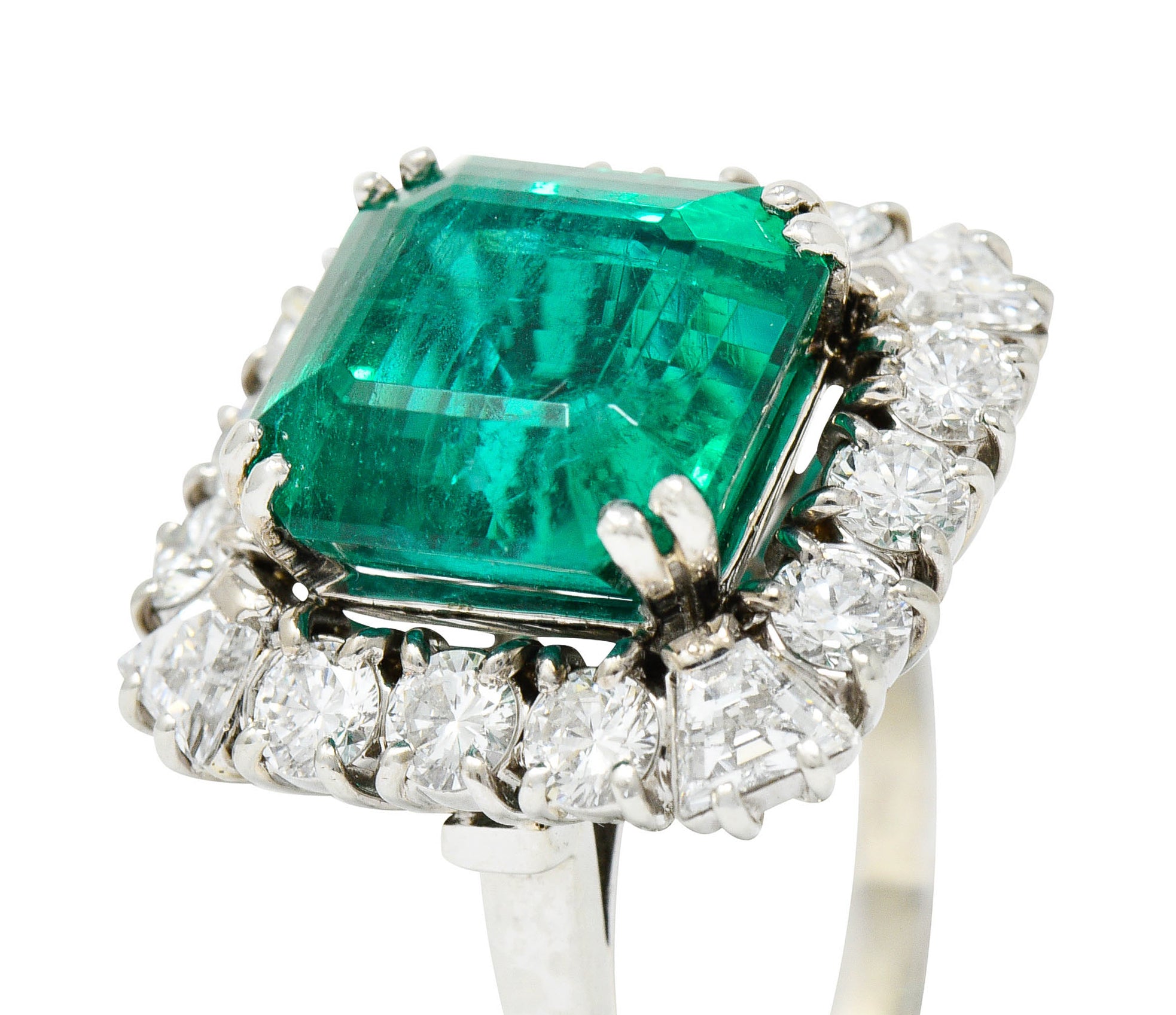 Outstanding 1950's Mid-Century Colombian Emerald Diamond 18 Karat White Cluster Ring AGLRing - Wilson's Estate Jewelry