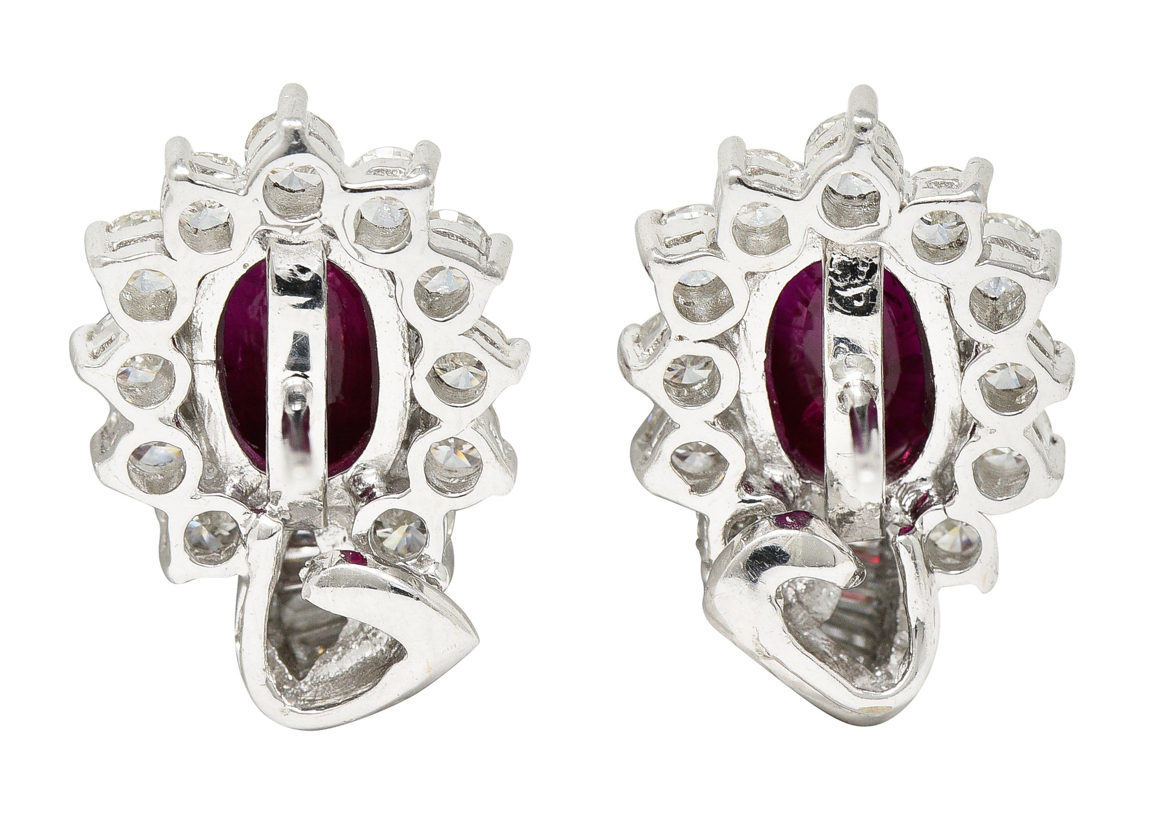 Vintage 5.60 CTW Oval Cut Ruby Diamond 18 Karat White Gold Ribbon Cluster Earrings Wilson's Estate Jewelry