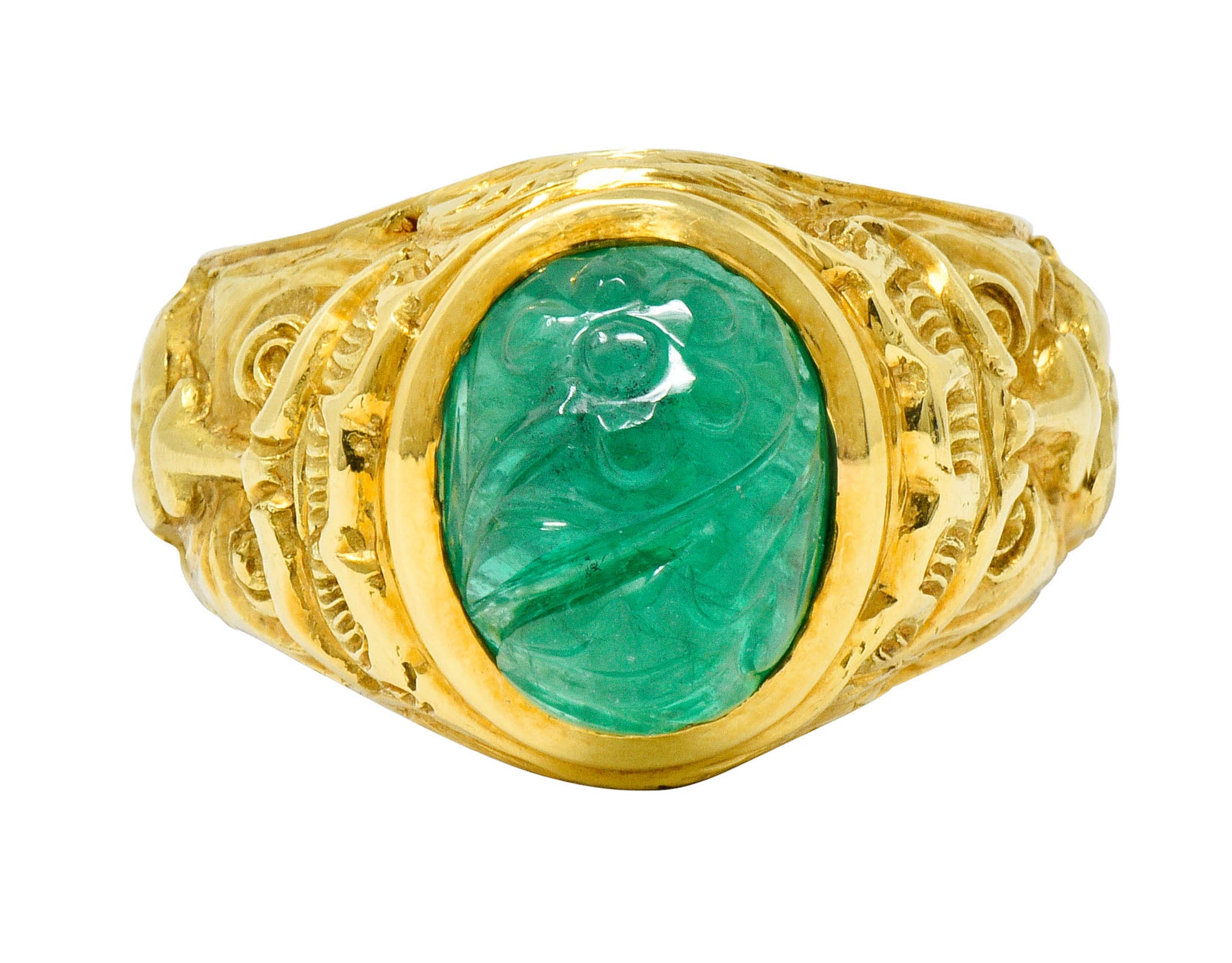 Vintage Carved Emerald 18 Karat Gold Green Man Men’s Unisex RingRing - Wilson's Estate Jewelry