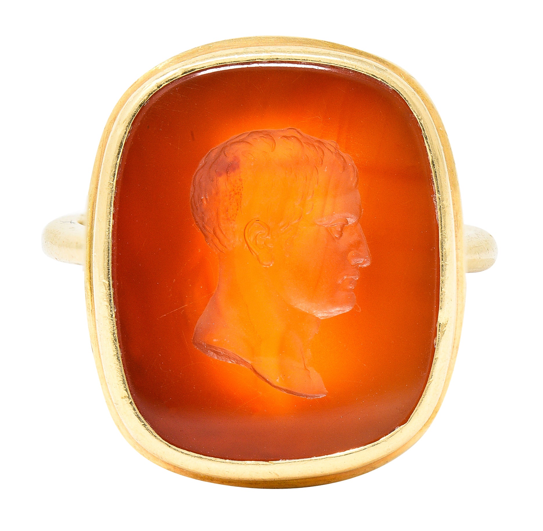 Hellenistic Victorian Carnelian Intaglio 14 Karat Yellow Gold Unisex Julius Caesar Antique Signet Ring Wilson's Estate Jewelry