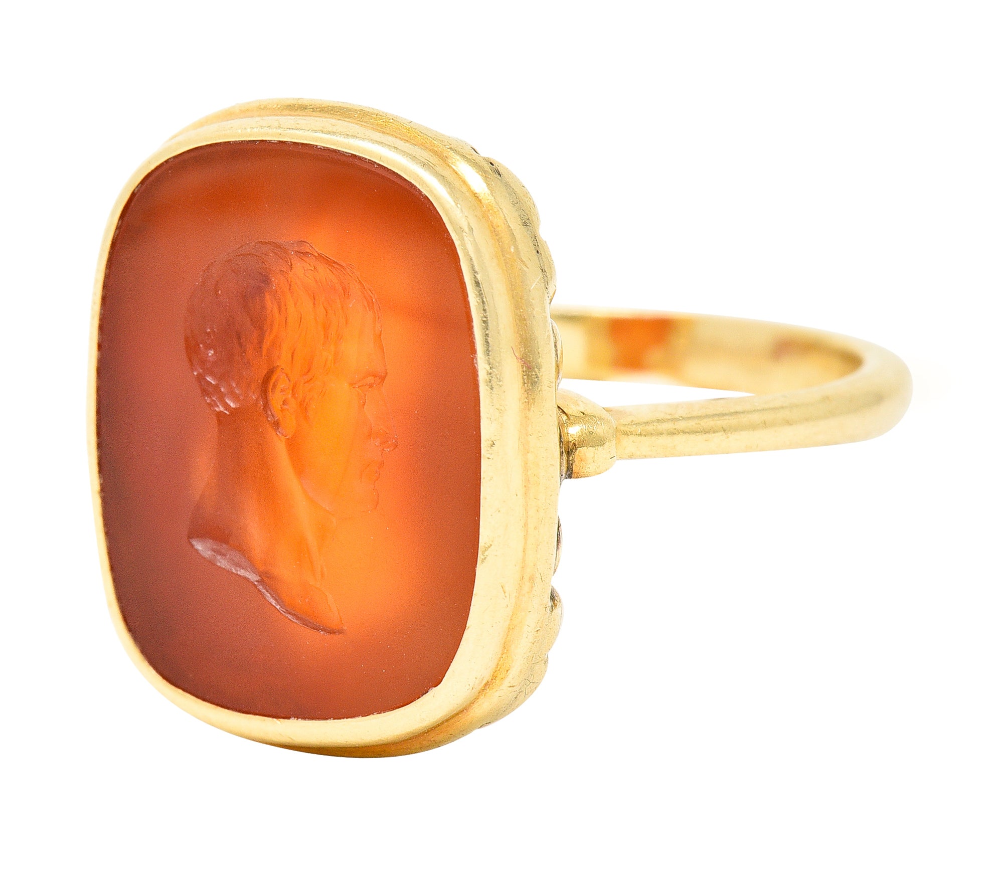 Hellenistic Victorian Carnelian Intaglio 14 Karat Yellow Gold Unisex Julius Caesar Antique Signet Ring Wilson's Estate Jewelry