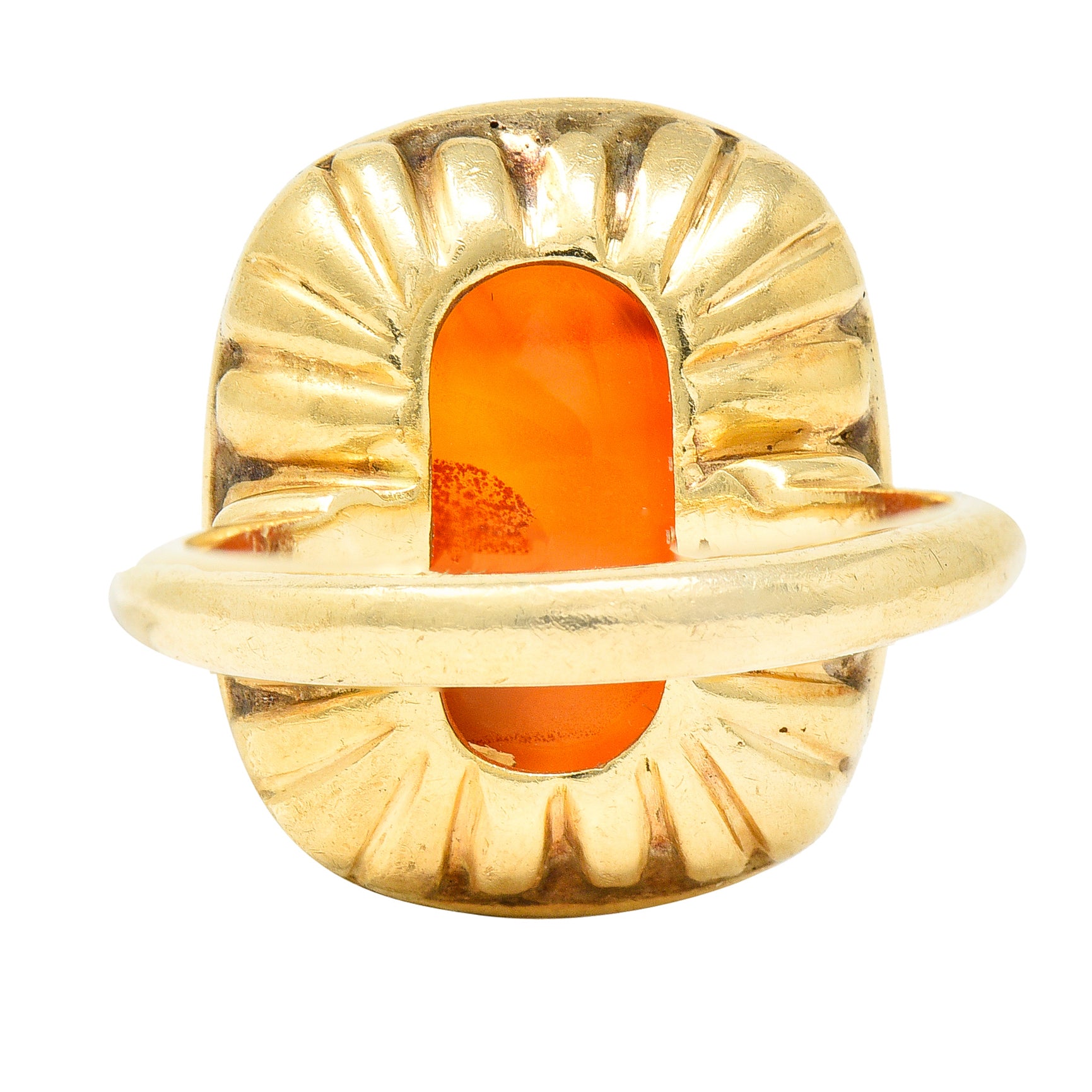 Hellenistic Victorian Carnelian Intaglio 14 Karat Yellow Gold Unisex Julius Caesar Antique Signet Ring Wilson's Estate Jewelry