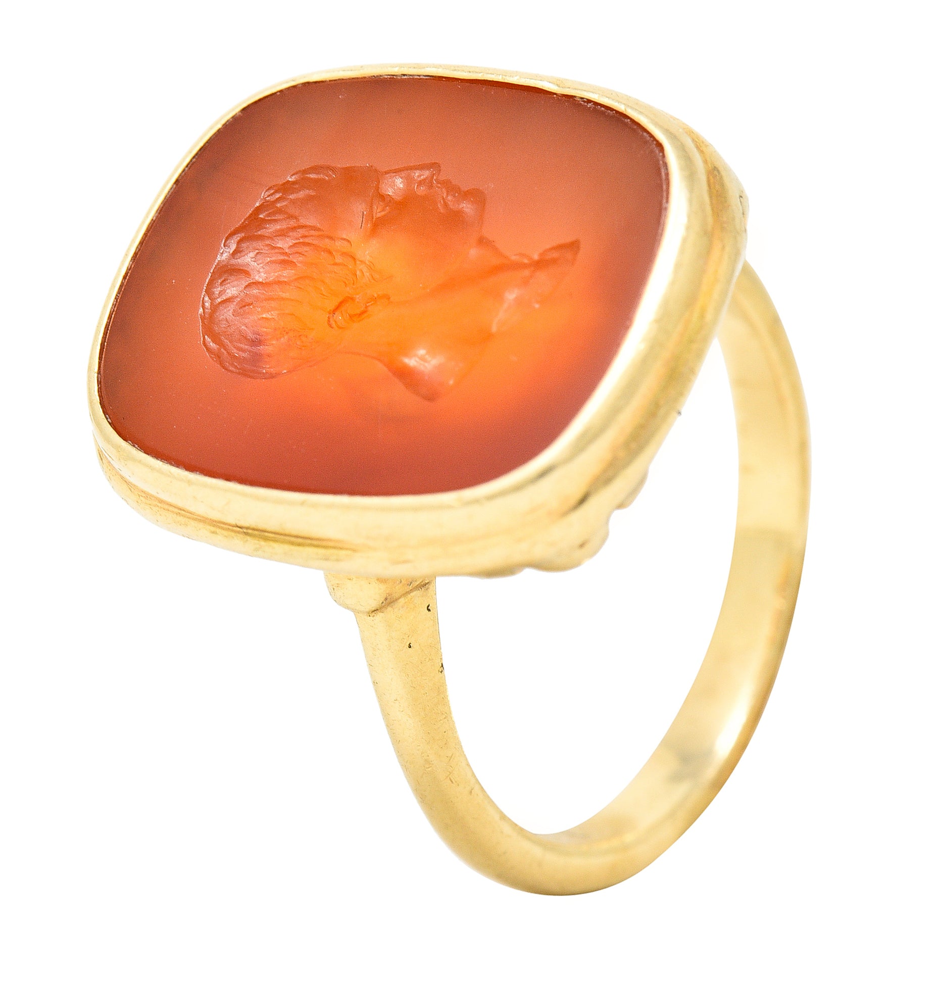 Hellenistic Victorian Carnelian Intaglio 14 Karat Yellow Gold Unisex Julius Caesar Antique Signet Ring Wilson's Estate Jewelry