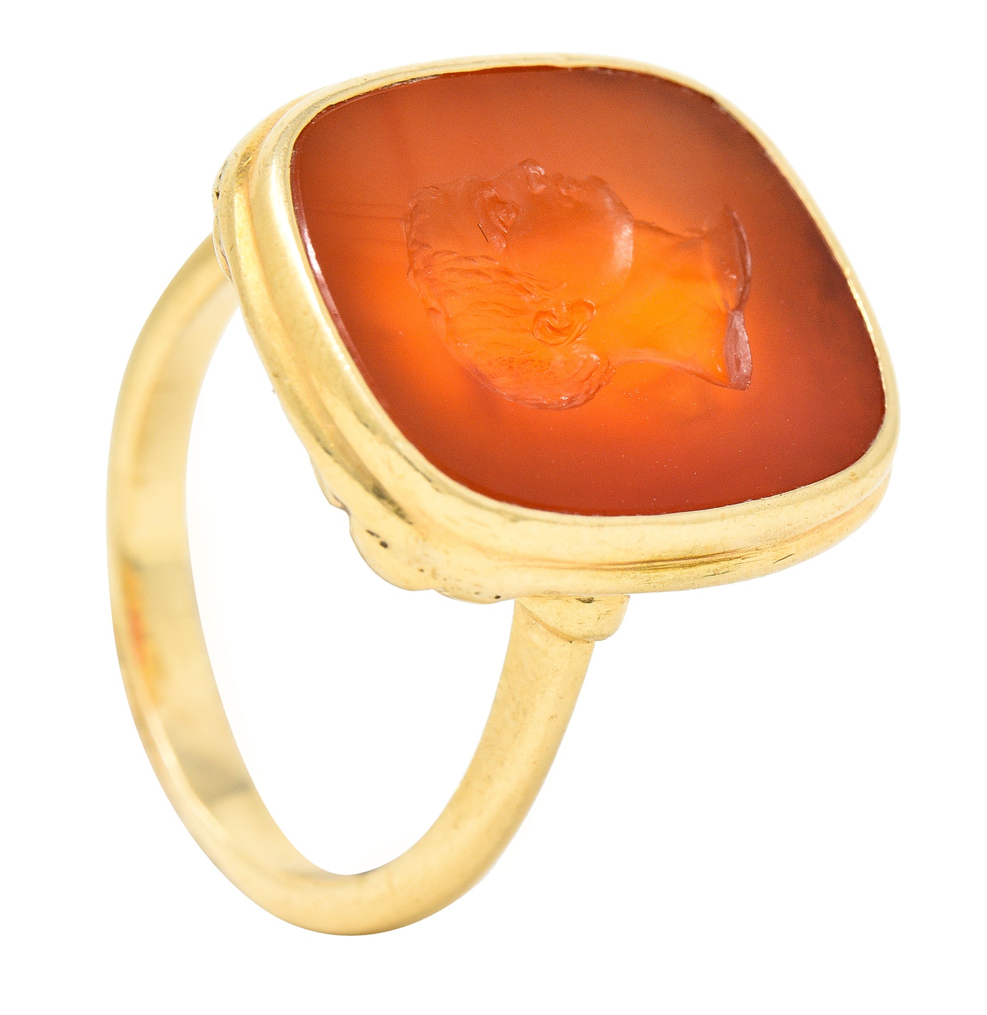 Hellenistic Victorian Carnelian Intaglio 14 Karat Yellow Gold Unisex Julius Caesar Antique Signet Ring Wilson's Estate Jewelry