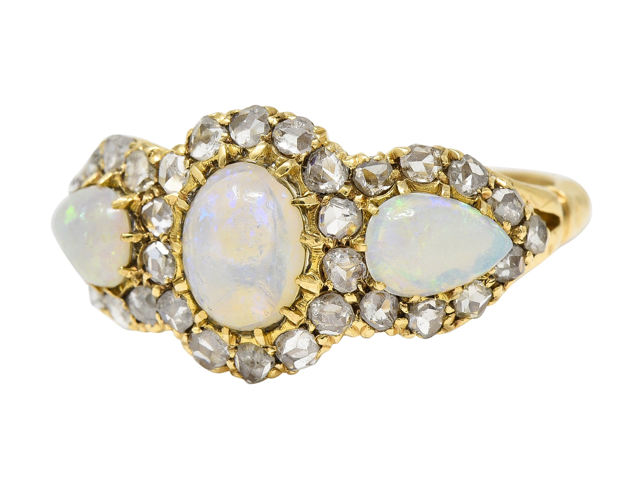 Victorian Opal Diamond 18 Karat Gold Three Stone Antique Halo Cluster Ring