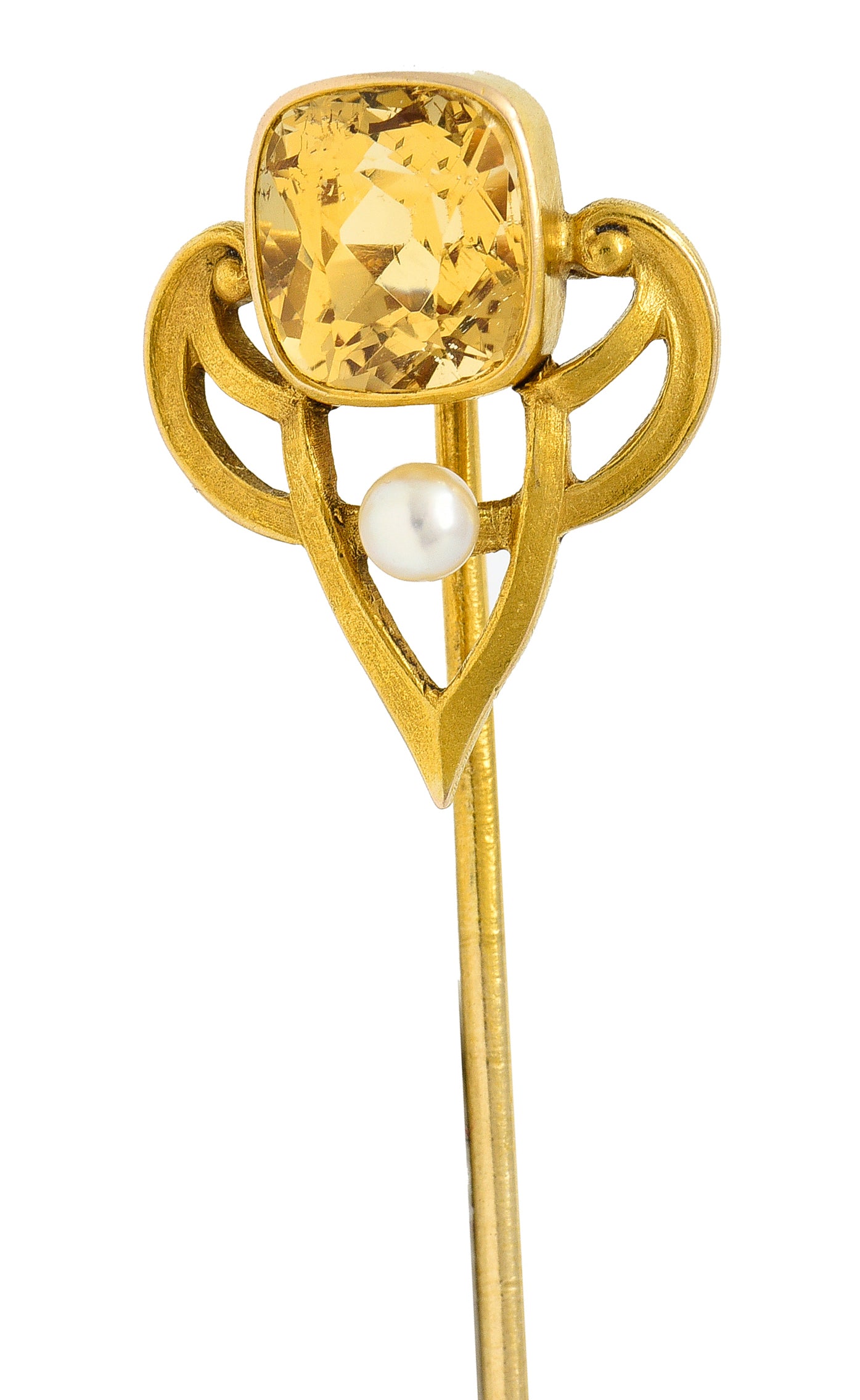 .11111 Riker Bros. Art Nouveau 1.73 CTW Cushion Cut Heliodor Pearl 14 Karat Yellow Gold Whiplash Shield Antique Stickpin Wilson's Estate Jewelry