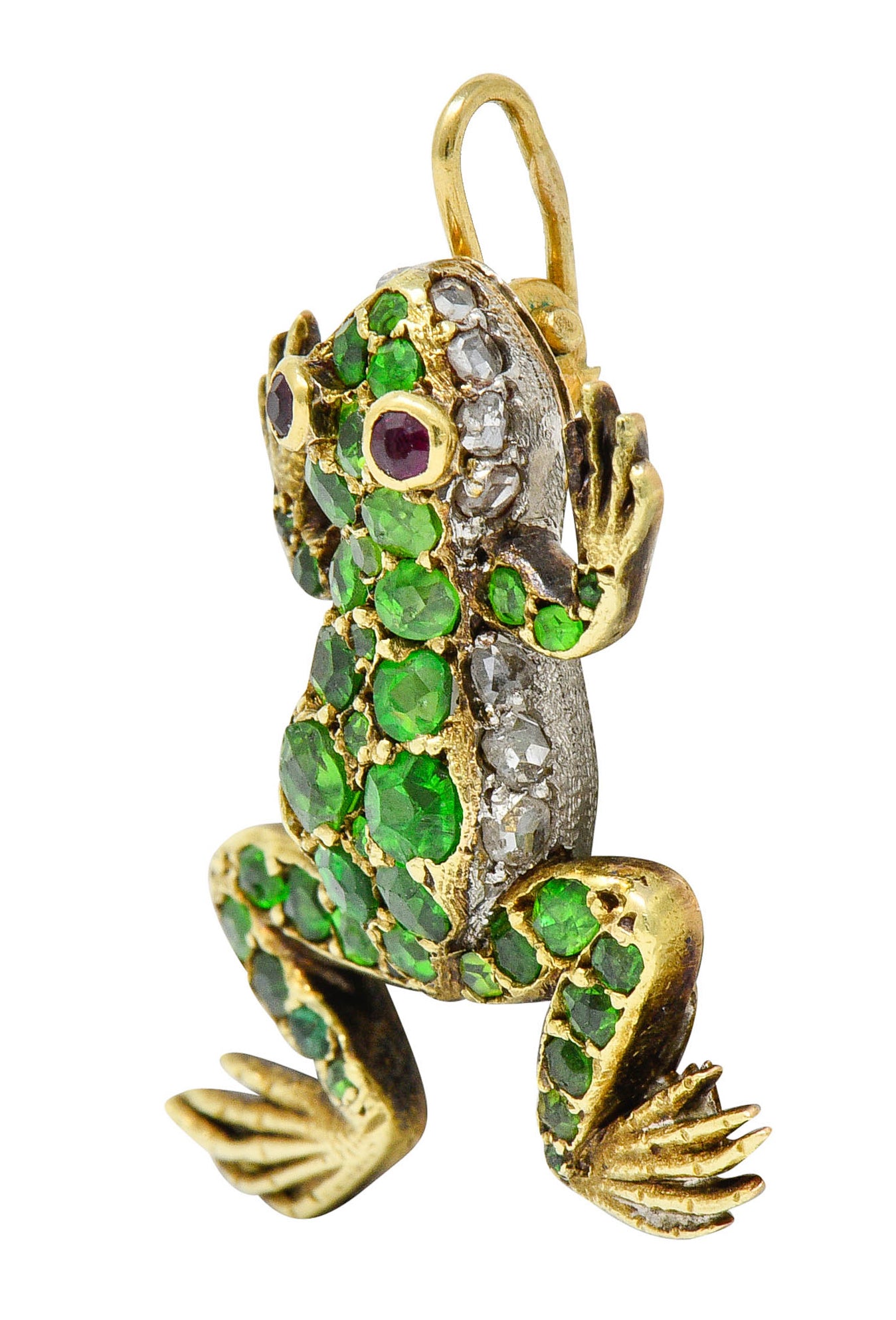 Edwardian Demantoid Garnet Diamond Platinum-Topped 18 Karat Gold Frog Charmcharm - Wilson's Estate Jewelry