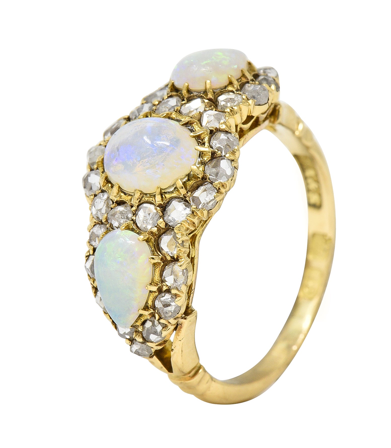 Victorian Opal Diamond 18 Karat Gold Three Stone Antique Halo Cluster Ring