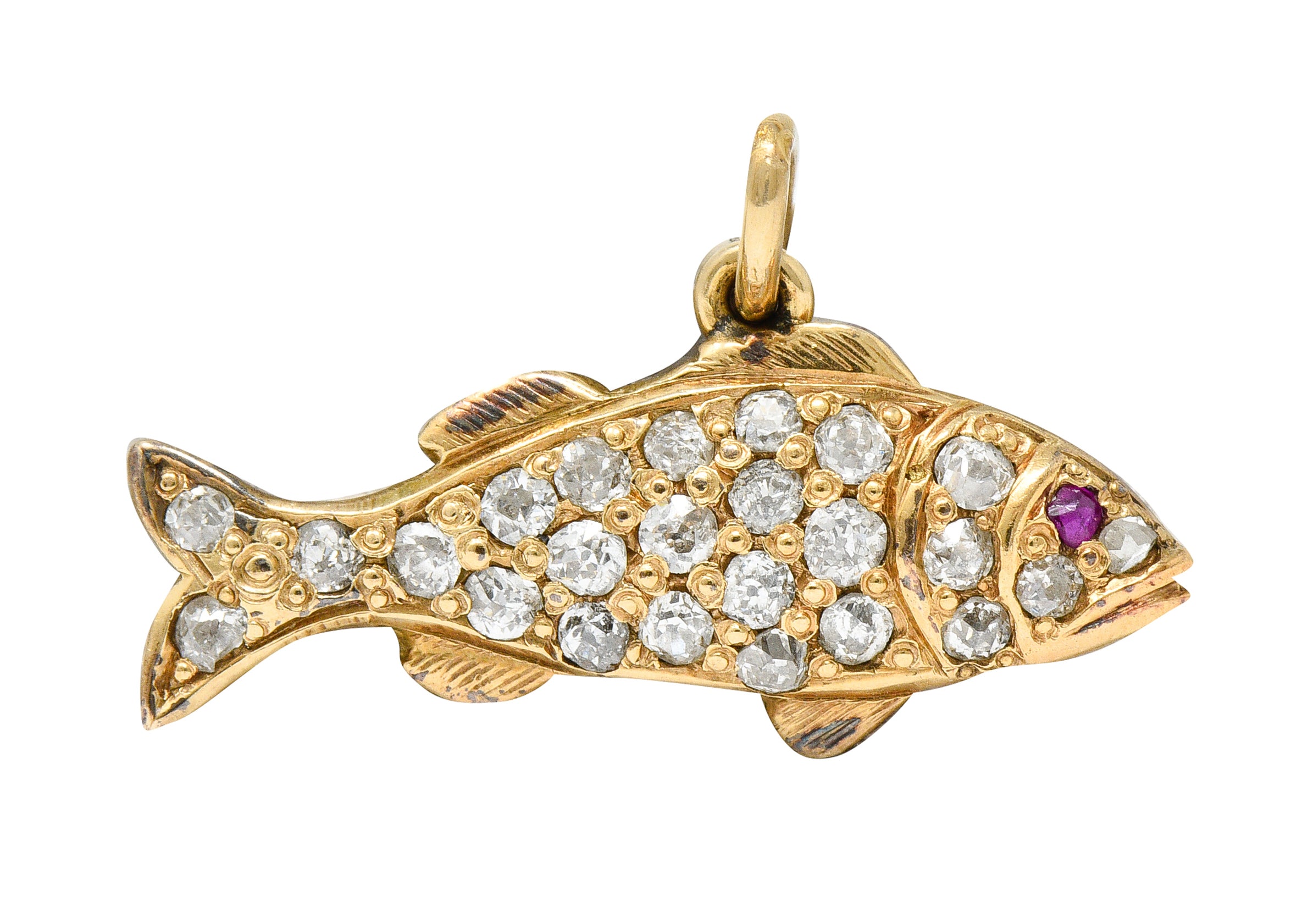 Art Nouveau Pave Diamond Ruby 14 Karat Gold Fish Charmcharm - Wilson's Estate Jewelry