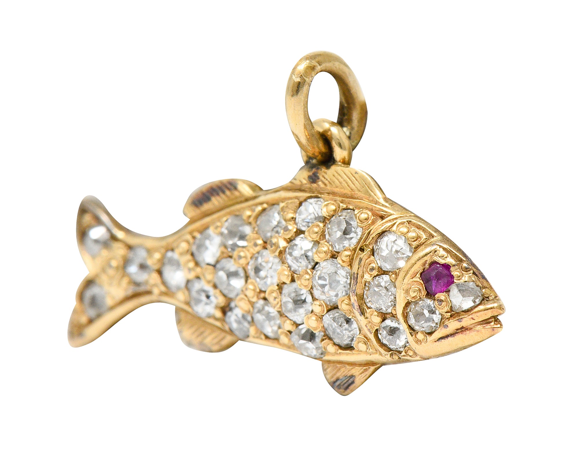 Art Nouveau Pave Diamond Ruby 14 Karat Gold Fish Charmcharm - Wilson's Estate Jewelry