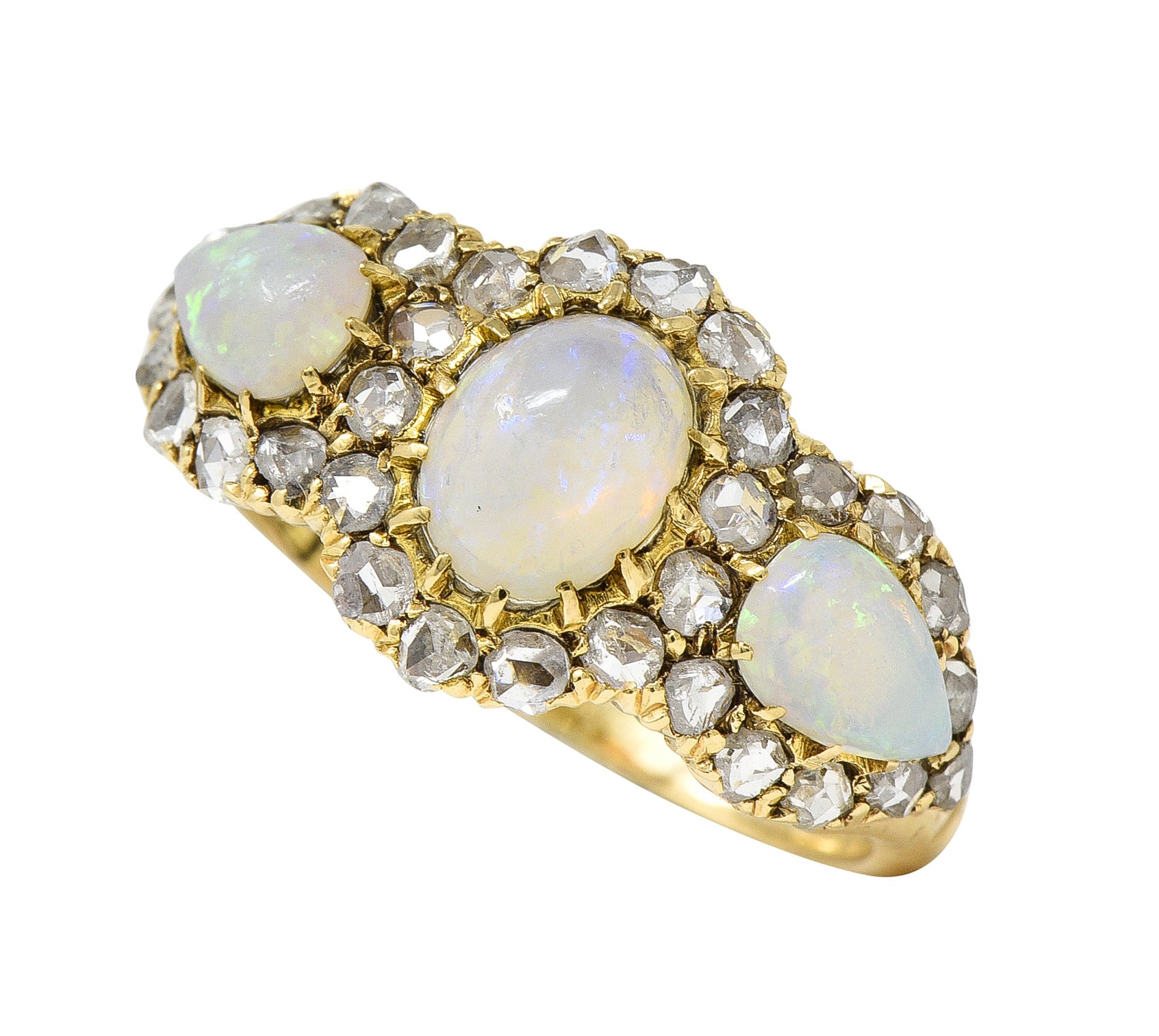 Victorian Opal Diamond 18 Karat Gold Three Stone Antique Halo Cluster Ring