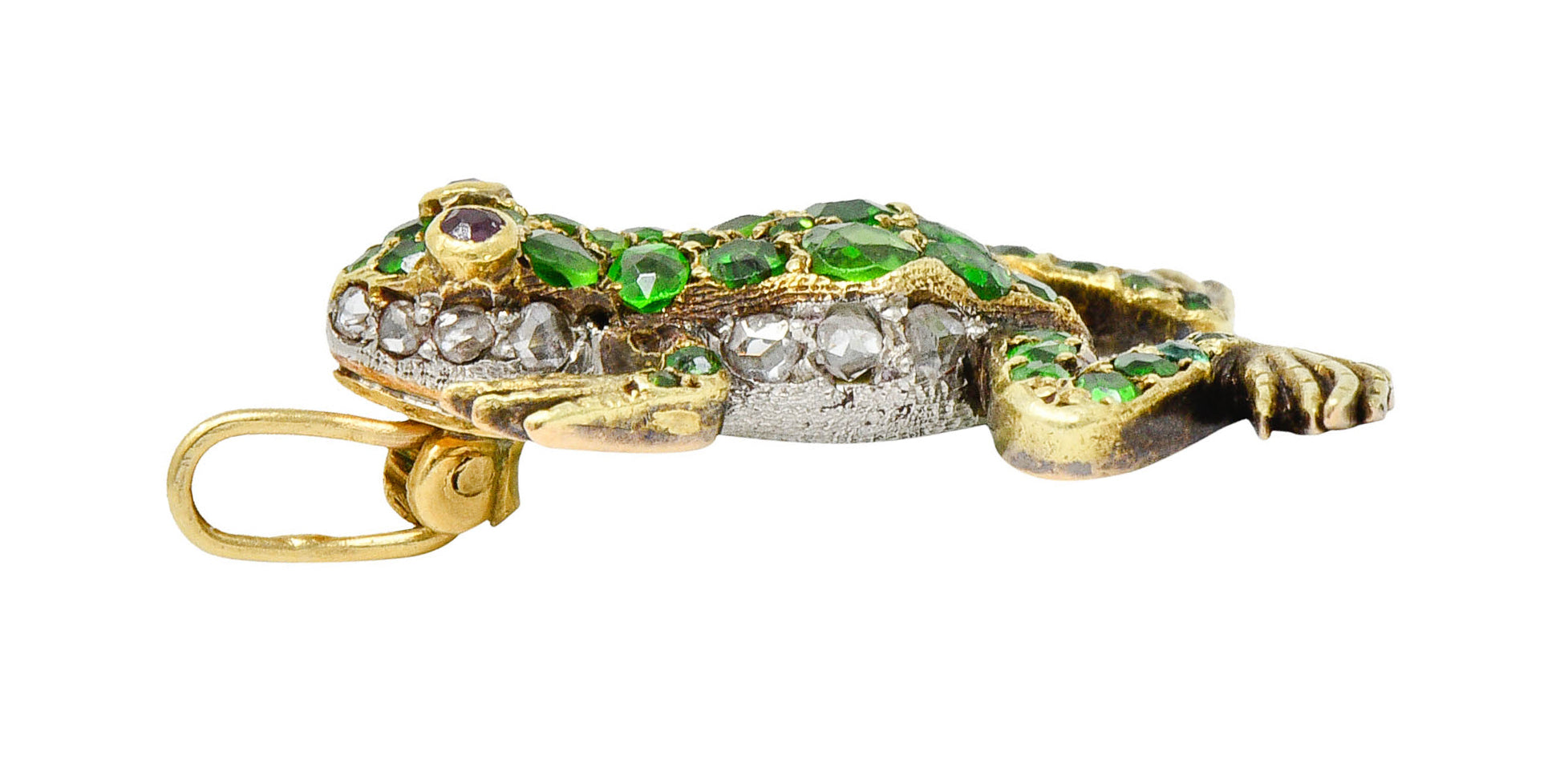 Edwardian Demantoid Garnet Diamond Platinum-Topped 18 Karat Gold Frog Charmcharm - Wilson's Estate Jewelry